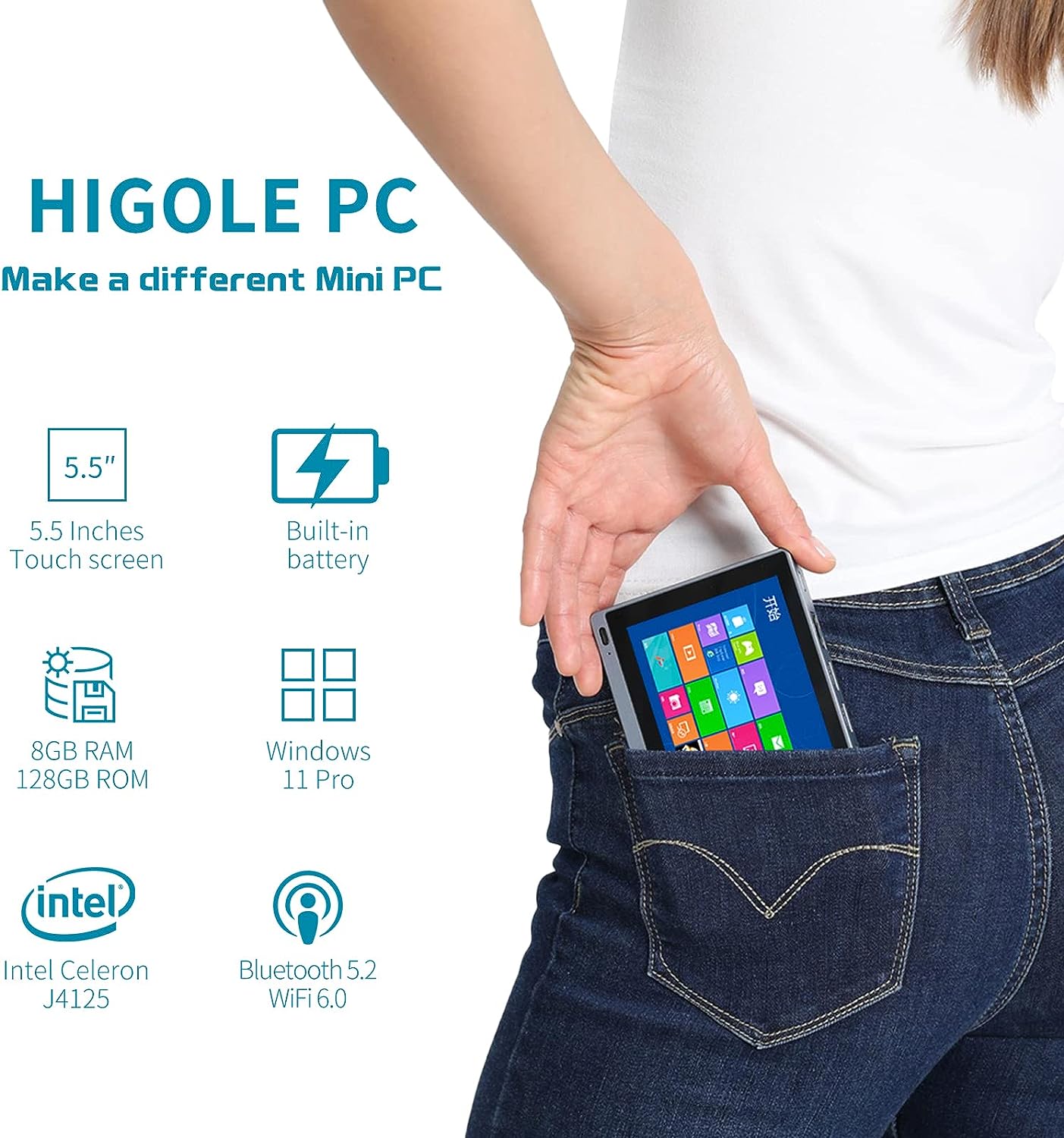 HIGOLEPC Mini PC Windows 11 PRO, Intel Celeron J4125 Mini Computer, 8GB DDR4 128GB EMMC Mini Desktop Computer with IPS Screen, WiFi 6.0, BT5.2, Gigabit Ethernet : Electronics