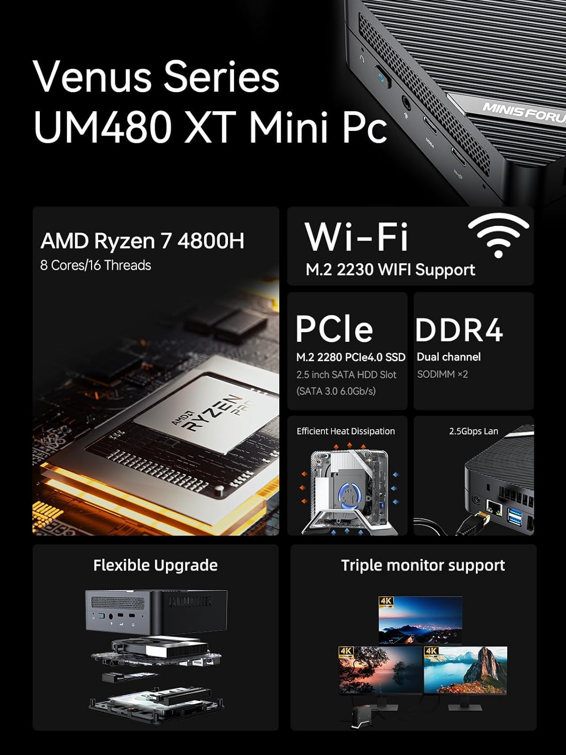 MINISFORUM Mini PC UM480 XT AMD Ryzen 7 4800H,8 cores/16 Threads Mini Desktop Computer, 32 GB RAM 512 GB PCIe SSD Micro PC, 2.5 inch SATA Slot,2 x HDMI  USB-C, 2.5 G RJ45, 6 x USB Ports