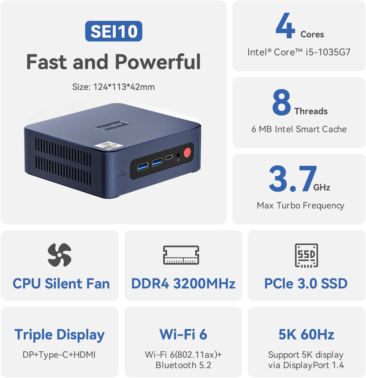 Beelink SEI10 Mini PC 10th Generation Intel i5-1035G7 Processor(up to 3.7GHz),Mini Computer with 16G DDR4 RAM 500GB M.2 2280 PCle 3.0 SSD, Three-Screen Display/WiFi6/BT5.2,Auto Power On