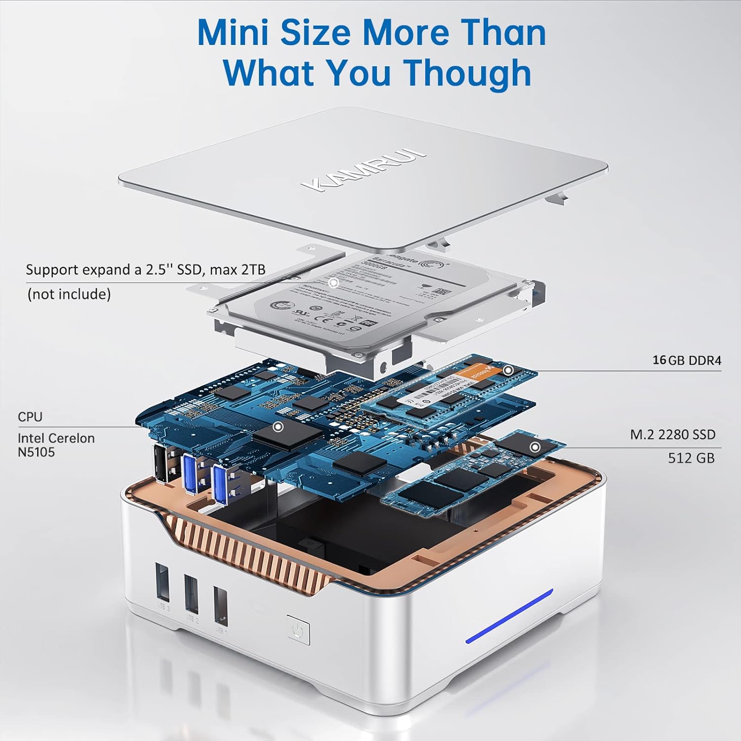 KAMRUI Mini PC,16GB RAM 512GB SSD Intel 11th Celeron N5105 (up to 2.9GHz) Mini Desktop Computer, 2.4G/5G WiFi, BT4.2, Small Computer Support 4K UHD VESA Gigabit Ethernet for Home/Business