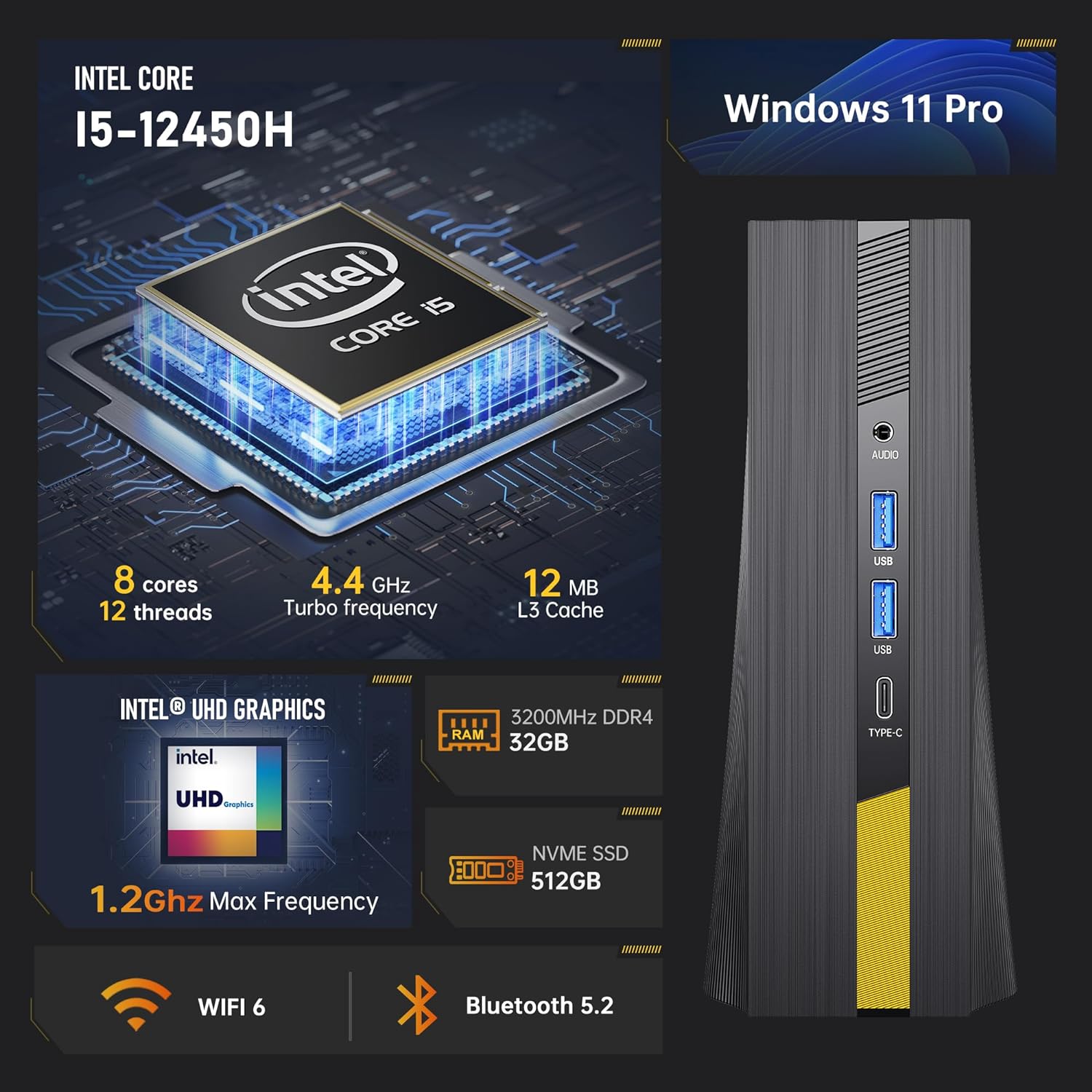 Mini PC, Intel i5 12450H (8C/12T, up to 4.4GHz), ACEMAGICIAN Mini Computer, 32GB DDR4 512GB NVMe PCIe 3.0 SSD, 3-Screen 4K@60Hz Display Mini Desktop, WiFi 6/BT5.2/HDMI/USB-C/USB-3.0 Gaming/Office/Home