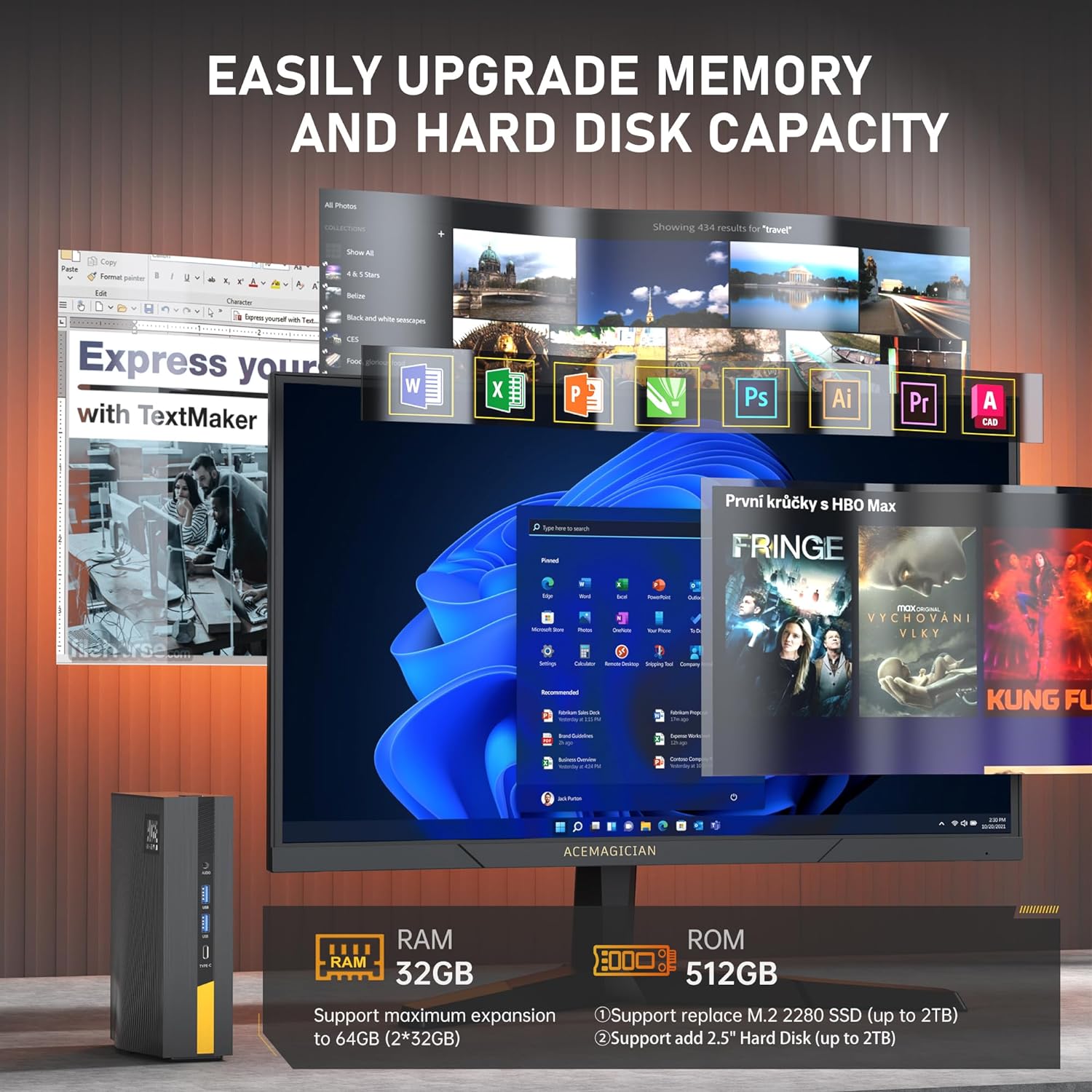 Mini PC, Intel i5 12450H (8C/12T, up to 4.4GHz), ACEMAGICIAN Mini Computer, 32GB DDR4 512GB NVMe PCIe 3.0 SSD, 3-Screen 4K@60Hz Display Mini Desktop, WiFi 6/BT5.2/HDMI/USB-C/USB-3.0 Gaming/Office/Home