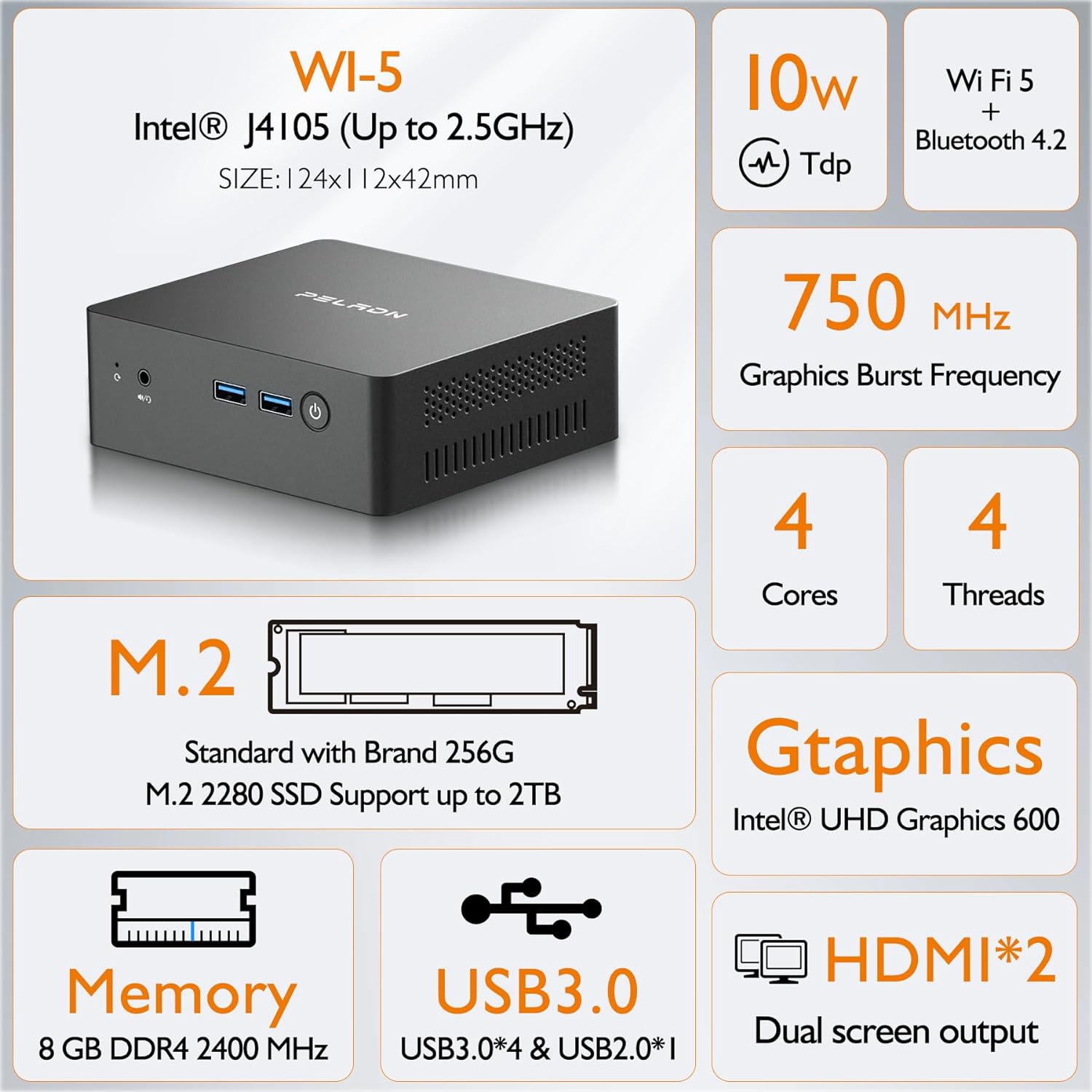 PELADN WI-5 Mini PC Windows 11 Pro Intel J4105 up to 2.5GHz, 8GB DDR4  256GB SSD Small Desktop PC with 4K HD, BT4.0  Dual HDMI Ports 2.4G/5G WiFi Gigabit Ethernet