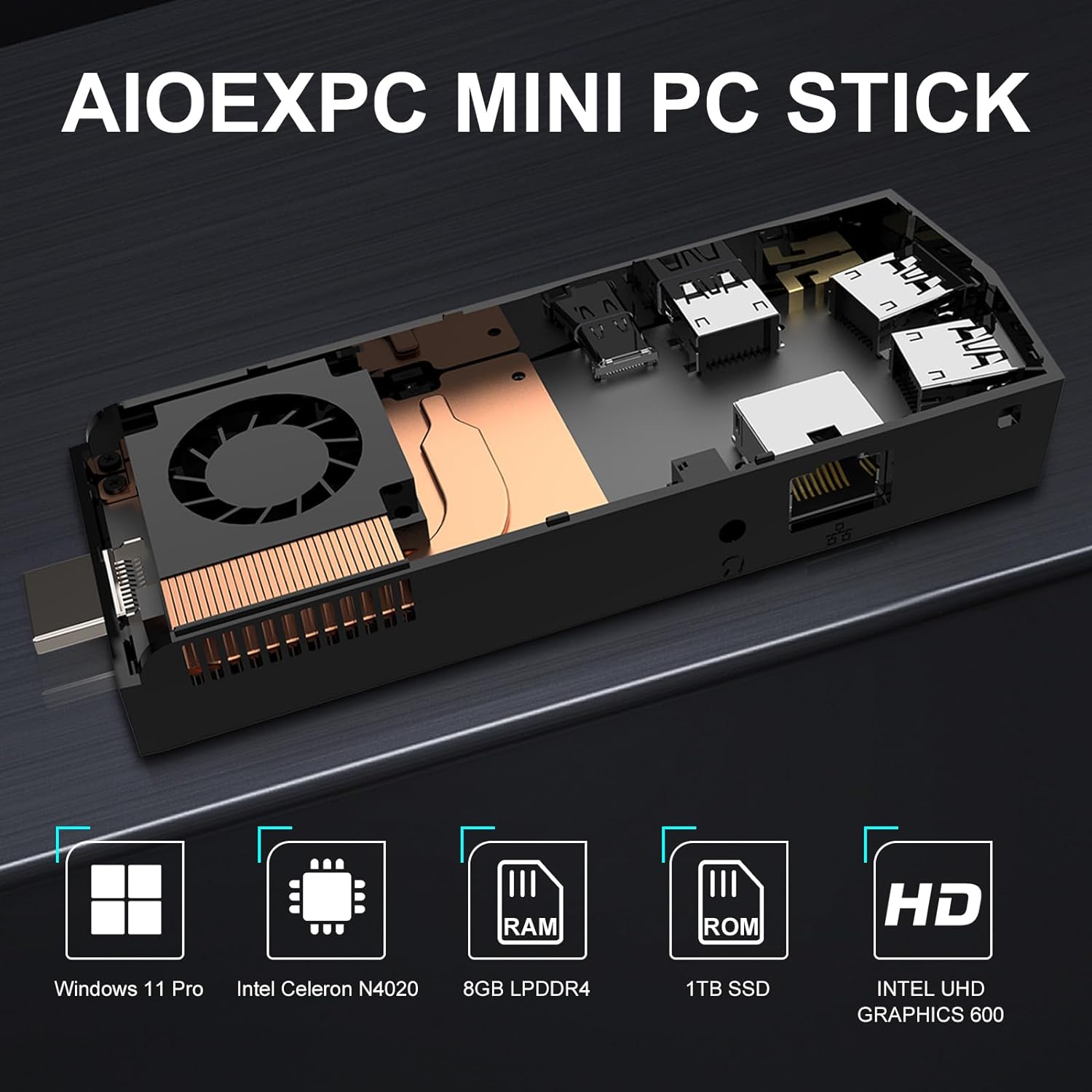 AIOEXPC Mini PC Stick Intel Celeron N4020 Windows 11 Pro 8GB DDR4 1TB SSD Mini Compute Stick Support 4K HDMI, 2.4G/5.0G WiFi, Gigabit Ethernet, Bluetooth 4.2, USB 3.0