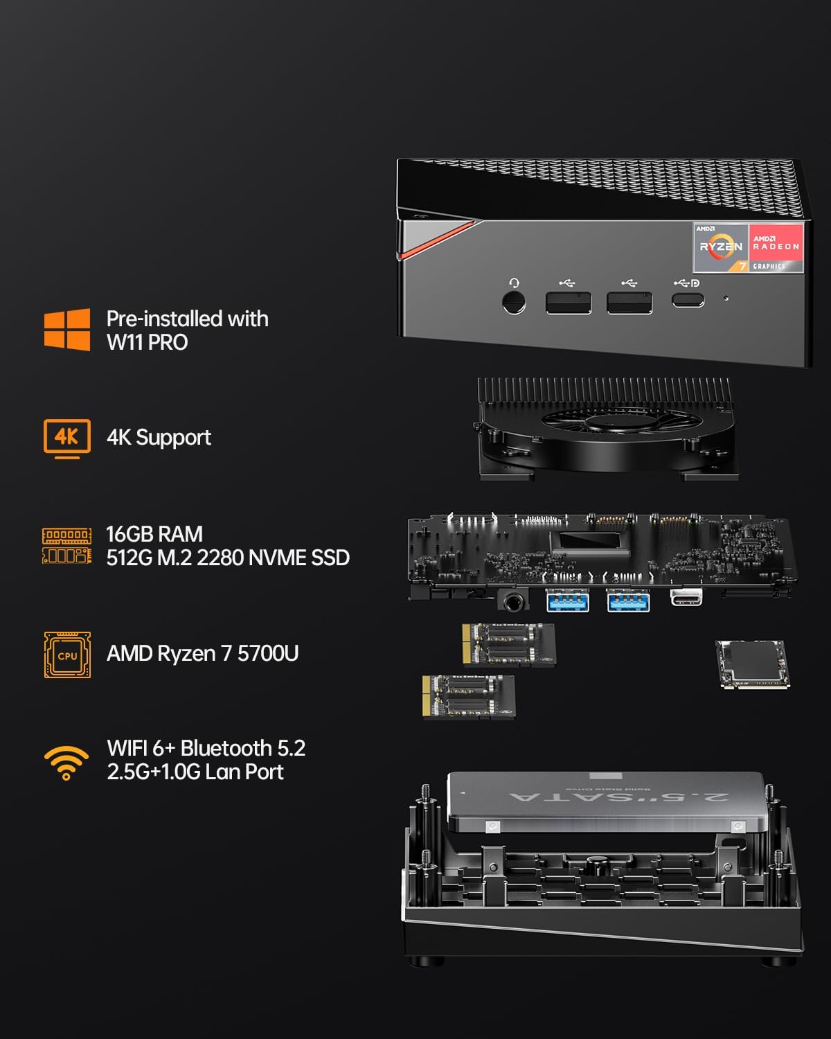 AOOSTAR MN57 Mini PC AMD Ryzen 7 5700U 8C/16T，Mini Computer Windows 11 Pro with 32GB DDR4 1T NVMe M.2 SSD，Mini Desktop PC Support 2.5G RJ45 4K Triple Display/BT 5.2/WiFi 6