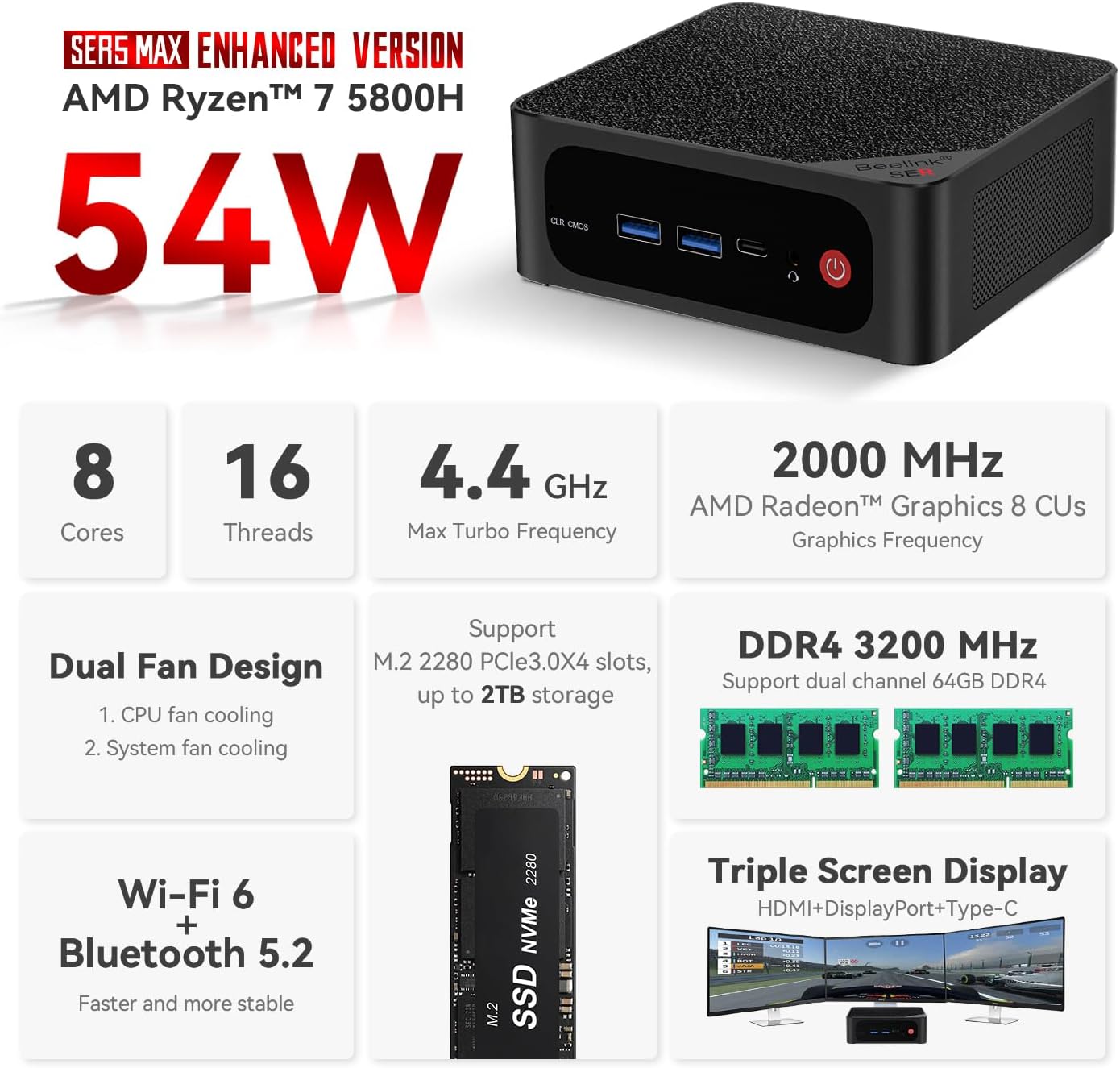 Beelink SER 5 MAX Mini Desktop Pc Computers, Ryzen 7 5800H 8 Cores Up to 4.4Ghz 32GB DDR4 500GB NVME SSD Radeon Graphics,with WiFi 6/BT-5.2/USB C/DP/HDMI,Support 2.5HDD/SSD