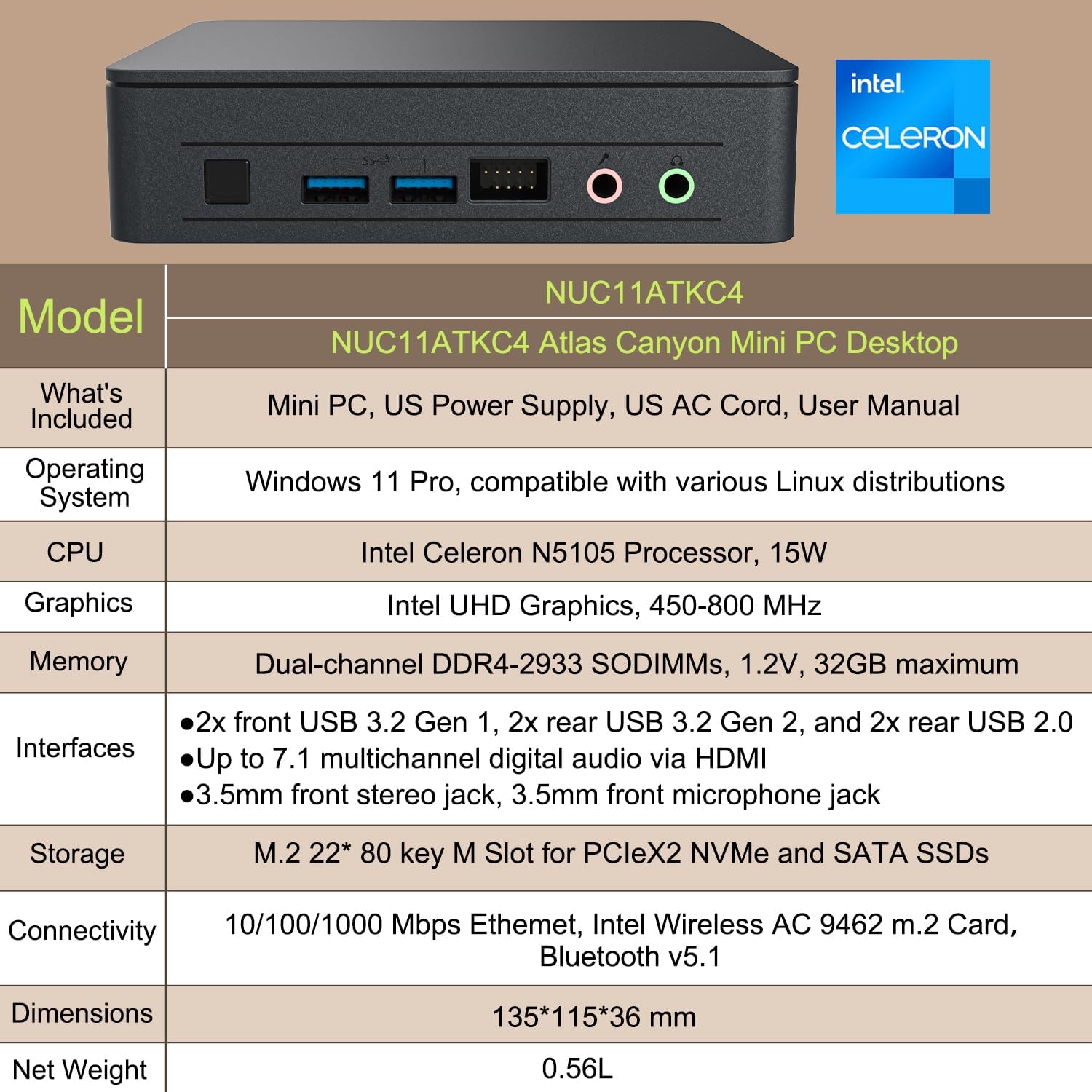 Intel Nuc 11 Essential Atlas Canyon Mini PC, Celeron N5105, 4C 4T, 2.9 GHz Frequency, Intel UHD Graphics, 15W, 16GB RAM, 512GB SSD, Windows 11 Pro, Dual 4K UHD Display, WiFi 5 and Bluetooth 5.3