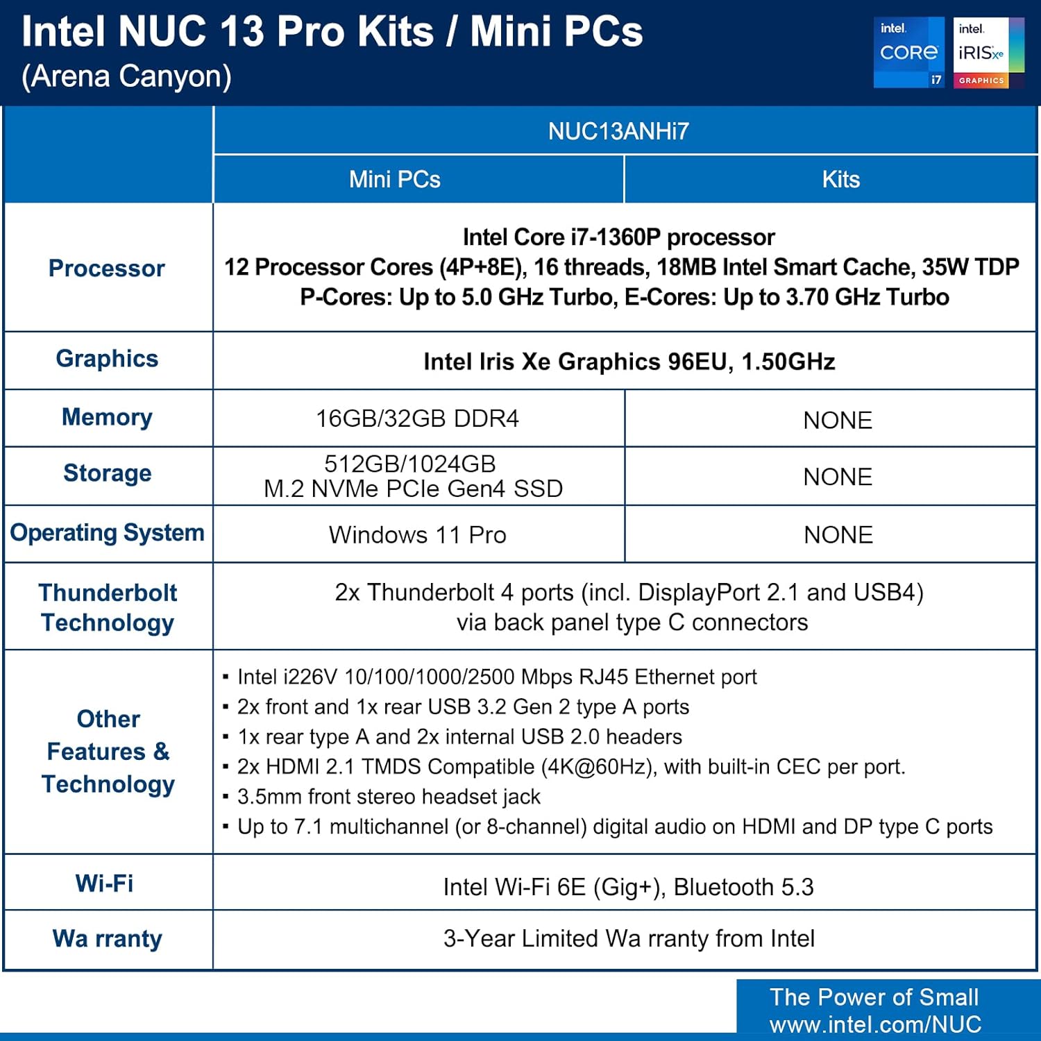 Intel NUC 13 Pro NUC13ANHi7 Arena Canyon Mini PC, Core i7-1360P, Barebones, NO RAM, NO SSD, NO OS, Mini Computers for Business Home Office, Support 8K/4K Quad Display/WiFi 6E/BT 5.3/Thunderbolt 4