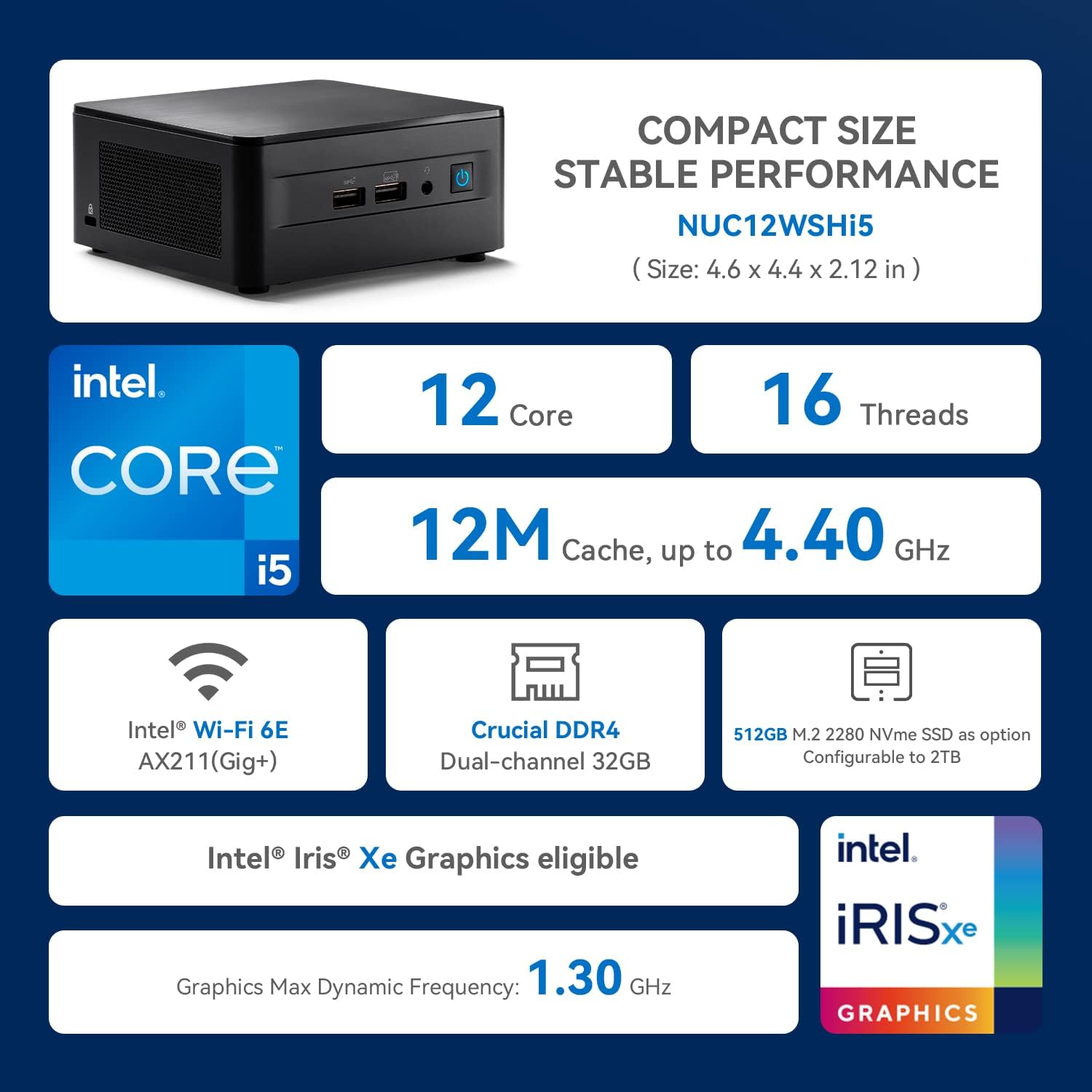 Intel NUC Mini PC NUC12WSHi5 Wall Street Canyon 12th Gen Mini Computer Core i5-1240P(12 cores,up to 4.4G) Business Office PC,HDMI2.0 * 2, Thunderbolt4*2,Wifi6,BT5.2