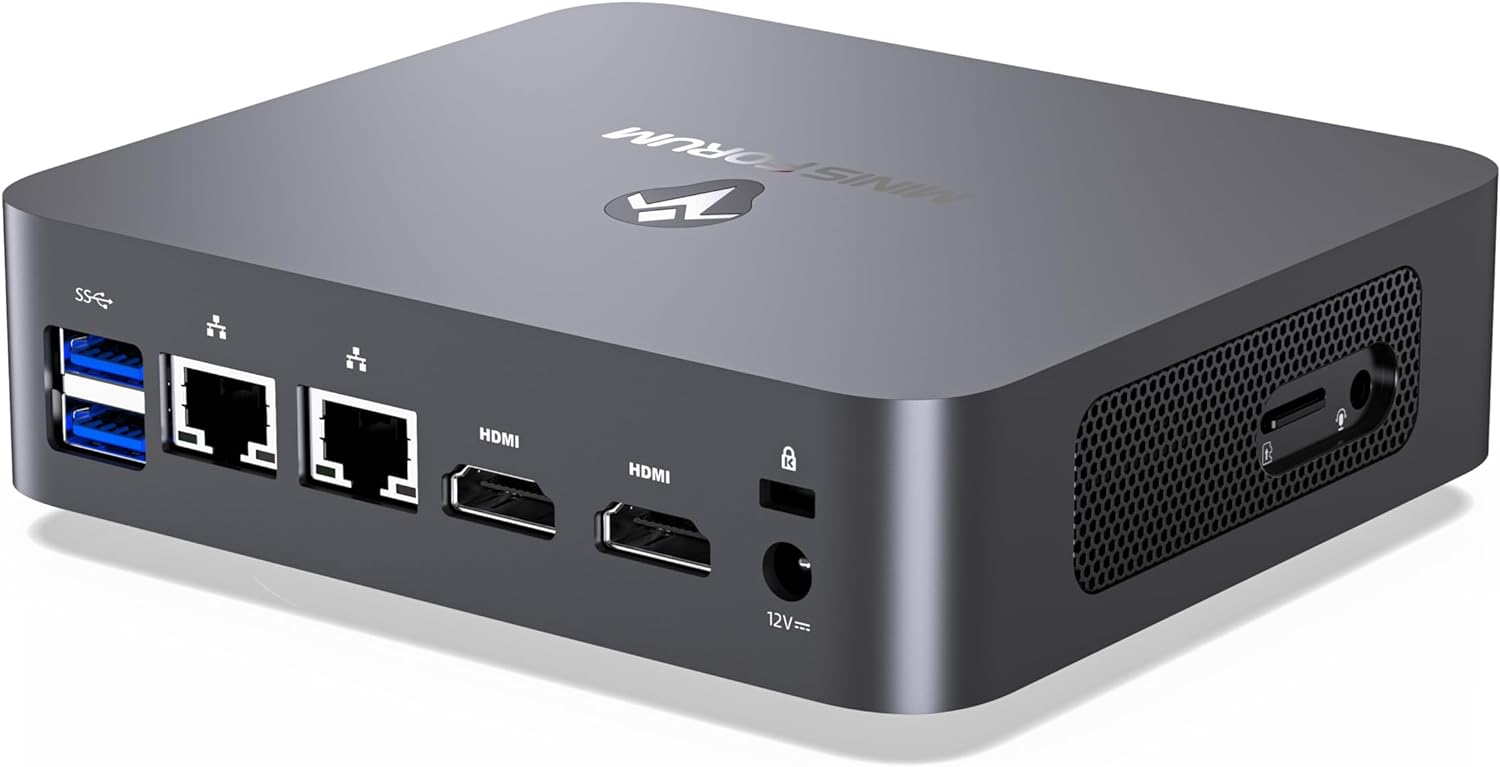 MINISFORUM UN100C Mini PC 16GB LPDDR5 512GB SSD with Intel N100, 4 Cores/4 Threads,1 x TF Card Slot  2.5 inch SATA HDD,2 x HDMI/USB-C /4 x USB3.2 Type-A/2 x 1000M RJ45 LAN/DC 12V Tiny PC