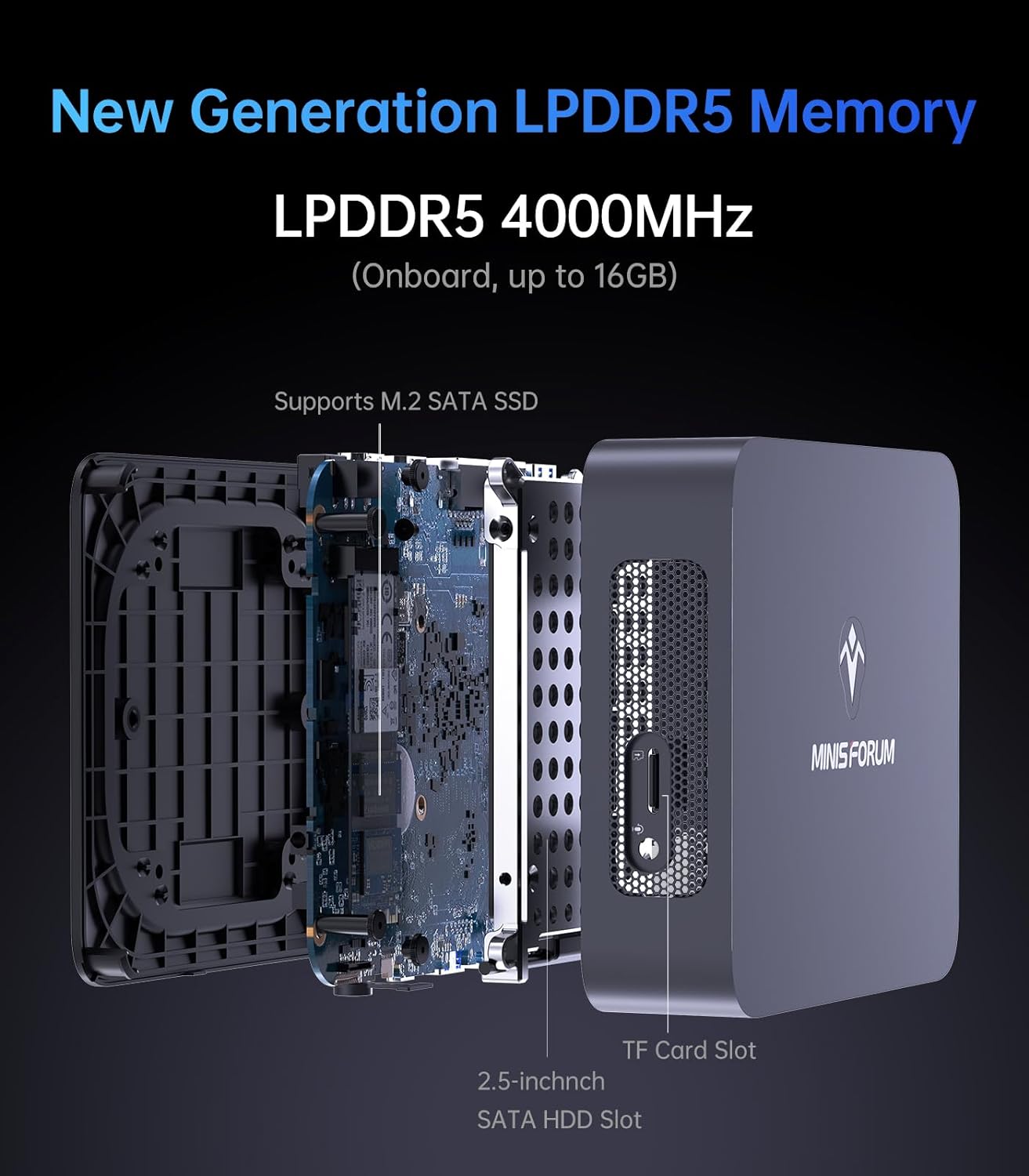 MINISFORUM UN305C Mini PC 16GB LPDDR5 512GB SSD with Intel Core i3-N305,8 Cores/8 Threads,1 x TF Card Slot  2.5 inch SATA HDD,2 x HDMI/USB-C /4 x USB3.2 Type-A/2 x 1000M RJ45 LAN/DC 12V Micro PC