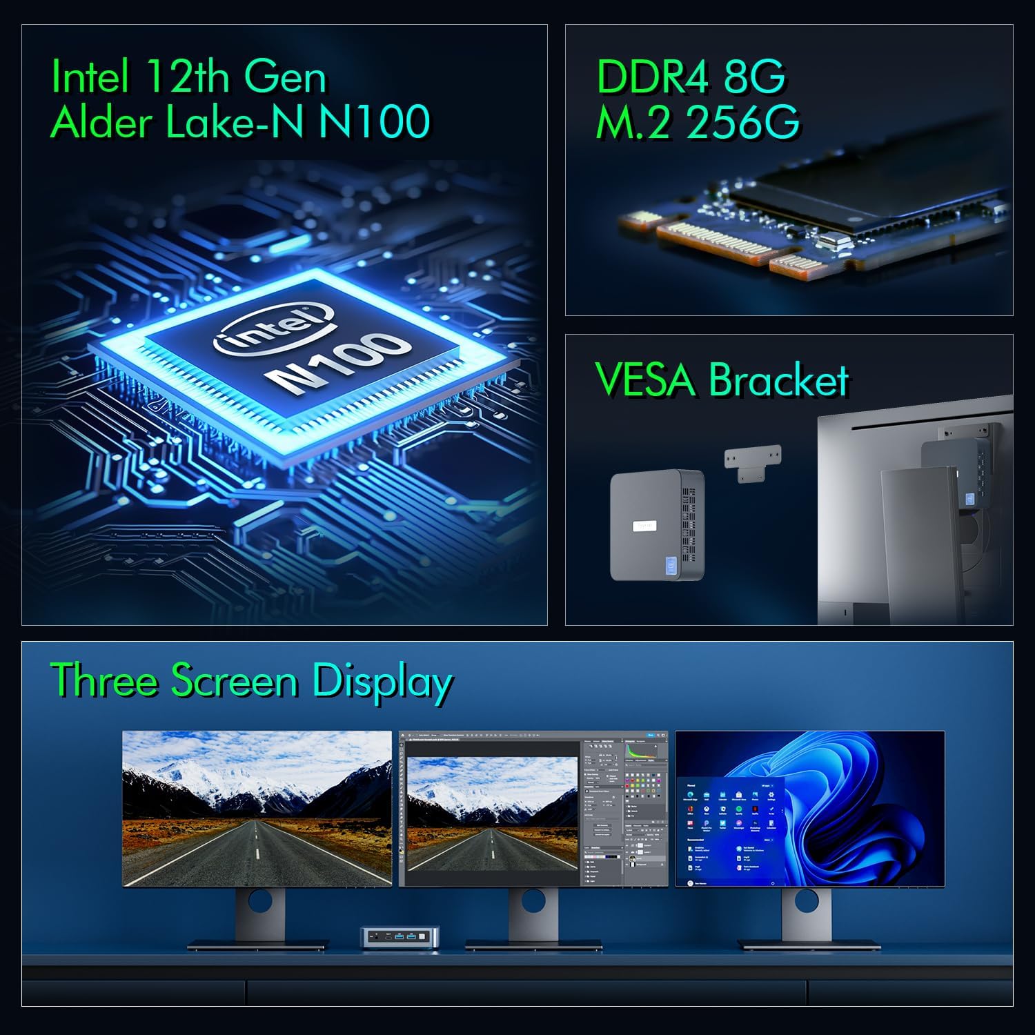 Trycoo WI-6 Mini PC, Intel 12th N100(up to 3.4GHz) Mini Desktop Computer,8GB RAM 256GB SSD,4K Dual Display/USB3.0/WiFi 6/Type-C/Gigabit Ethernet Support Upgrade 64GB RAM and 2TB SSD
