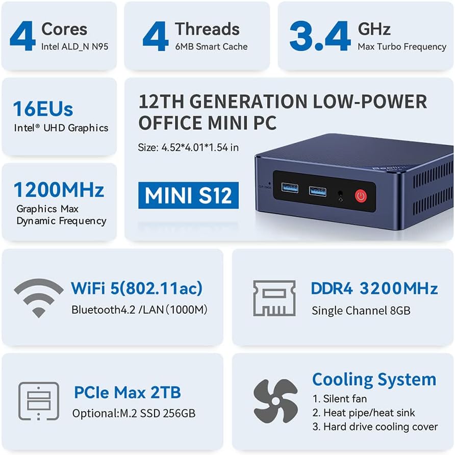 Beelink Mini PC S12 New Intel 12th Gen Quad-Core N95, Mini Desktop Computers 8G DDR4 256G SSD Supports Dual HDMI 4K 2.4G+5G WiFi BT4.0 Family-NAS
