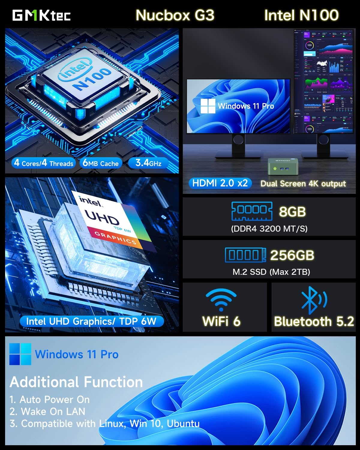 GMKtec Mini PC, Intel Alder Lake N100 Windows 11 Pro (3.4GHz), 8GB DDR4 RAM 256GB PCIe M.2 SSD, Desktop Computer 4K Dual HDMI Display/4x USB3.2/WiFi 6/BT5.2/RJ45 Ethernet Nucbox G3