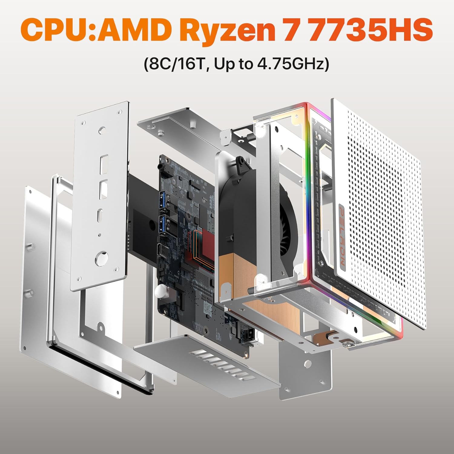 PELADN HA-4 Mini PC, AMD Ryzen 7 7735HS (8C/16T, Up to 4.75GHz) Win11 Pro, 16GB DDR5 RAM, 512GB SSD, 4K HD, BT5.2, Dual HDMI, WiFi6 2.4G/5G, Office,Business Small Desktop PC.