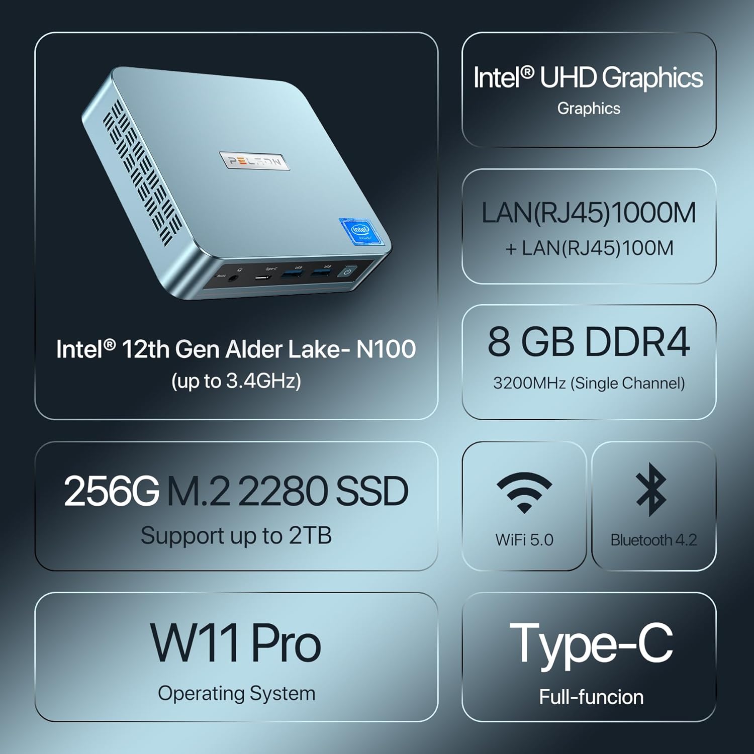 PELADN WI-6 Pro Mini PC, Intel 12th Gen Alder Lake- N100(up to 3.4GHz), 8GB DDR4 RAM 256GB M.2 PCIe SSD, Desktop Computer Support 4K Dual Display/USB3.2/WiFi 5/BT4.2/Win 11 Pro
