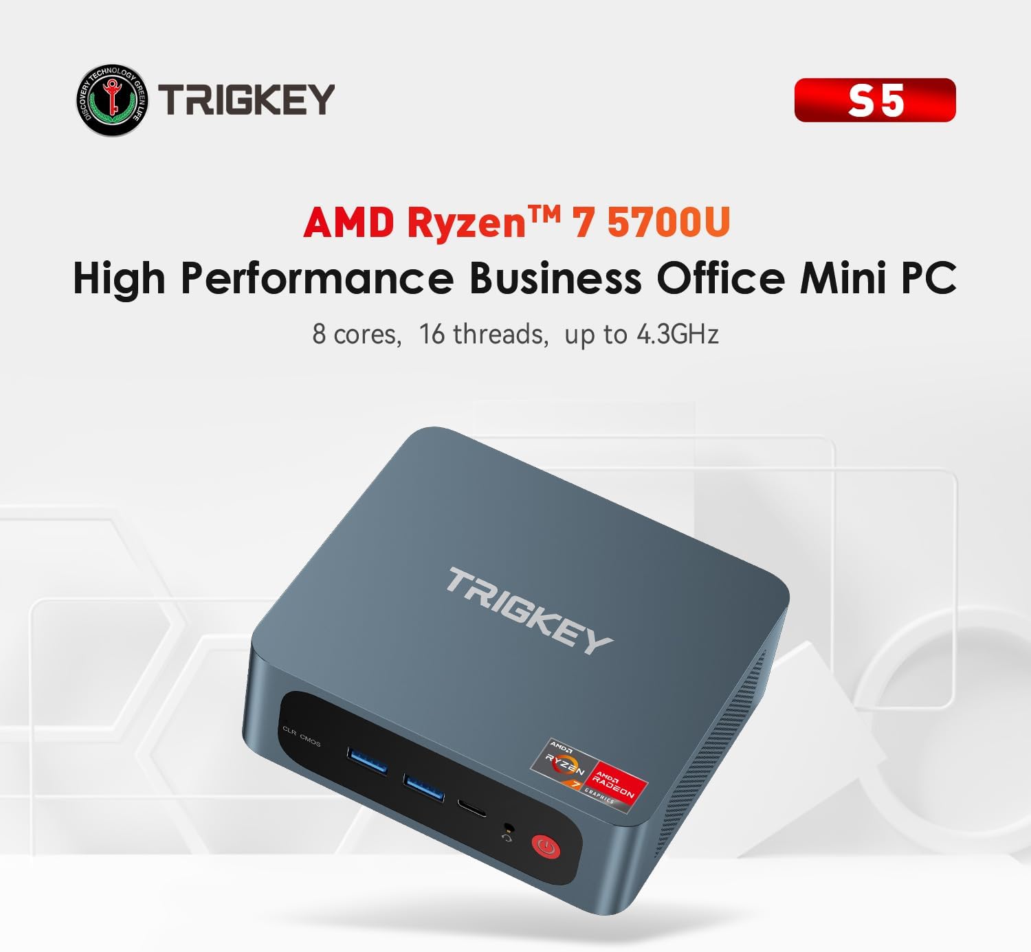 TRIGKEY Mini PC Ryzen 7 S5 5700U(8 Cores, 16 Threads) Mini Computer 16GB DDR4 500GB M.2 NVME(Max 3000MB/S) SSD Gaming S5 Mini Computer, Wi-Fi 6/Bluetooth 5.2/4K@60Hz/HDMI+DP/USB 3.2