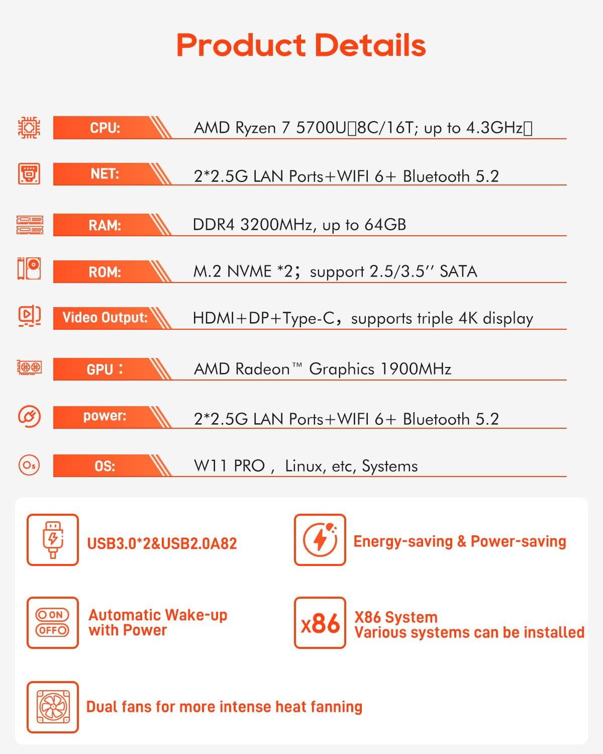 AOOSTAR R7 AMD Ryzen 7 5700U Mini PC 8C/16T, Support 40T（2 * 20T 2 Bay Storage ） 3-in-1 Mini Computers 0GB DDR4 0T NVME SSD Windows 11 PRO WiFi 6 Dual 2.5G LAN Soft Router HTPC