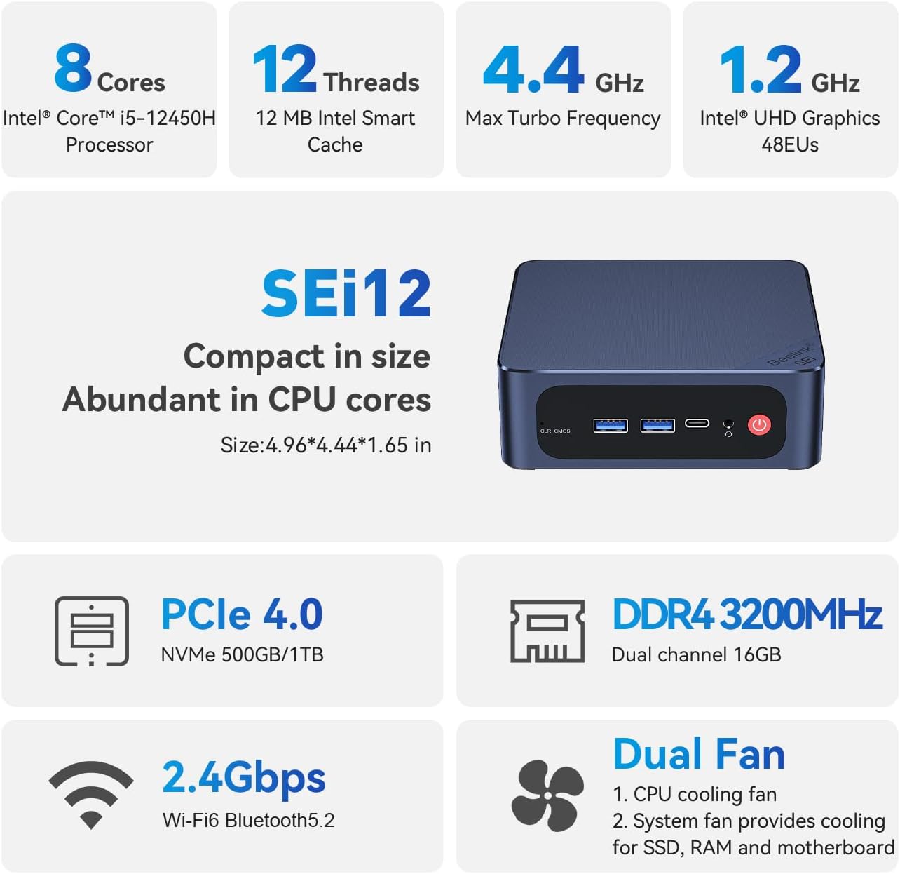 Beelink SEi12 Mini PC,12th Generation Intel Core i5-12450H Processor,up to 4.4Ghz(8C/12T),Mini Computer with 16GB DDR4 RAM/500GB M.2 2280 NVMe PCle 4.0 SSD,4K FPS/WiFi 6/BT5.2/Dual-Screen Display