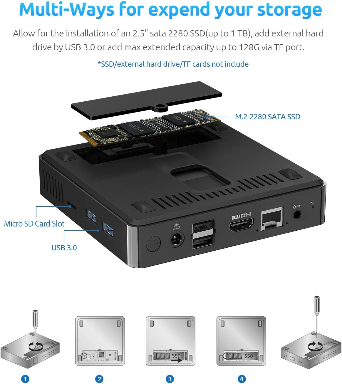 Bmax Mini PC Intel Celeron J3060(up to 2.48GHz) 4GB RAM/64GB eMMC HDMI/VGA Support M.2_SATA_2280 SSD 4K HD WiFi BT4.2 Micro PC