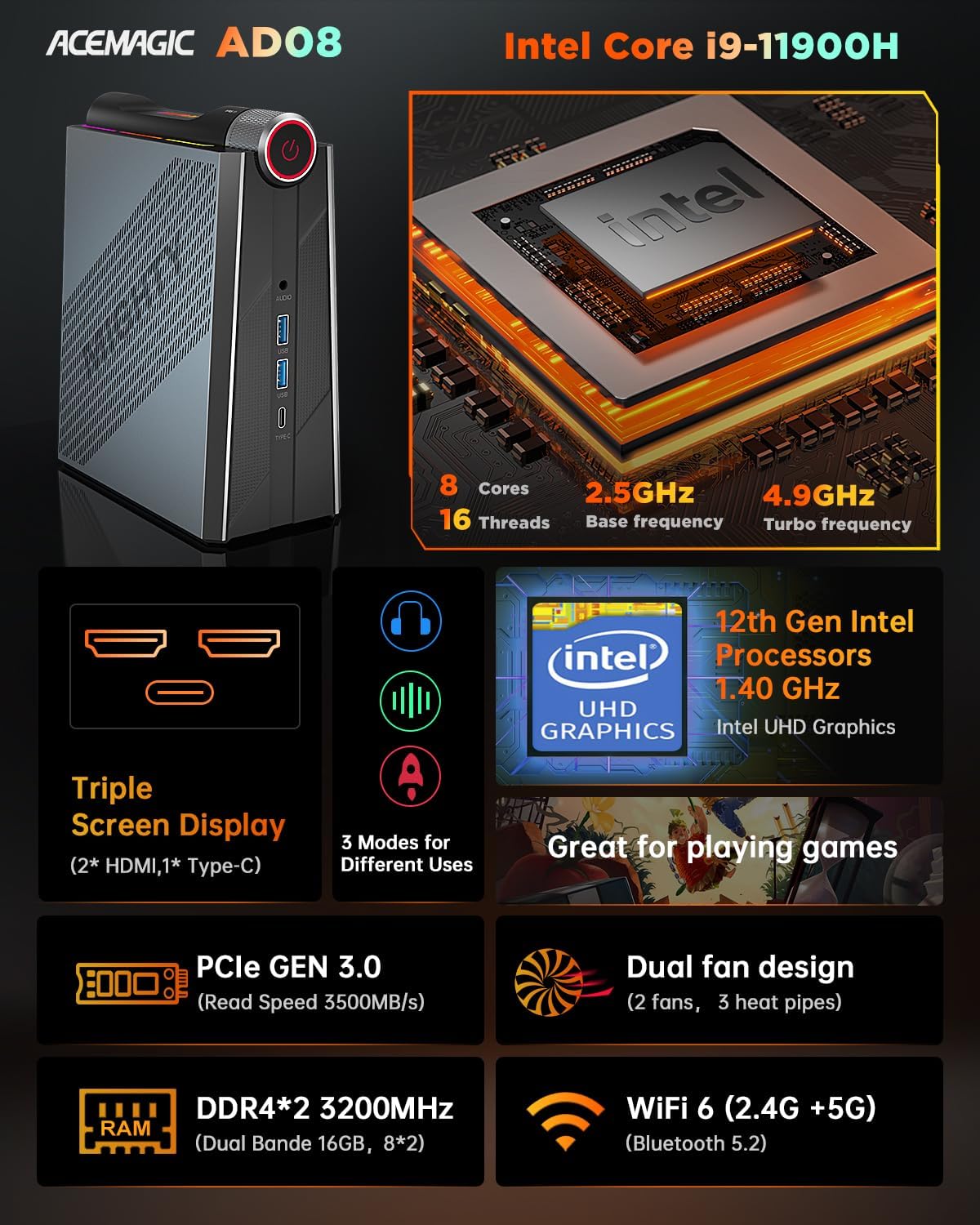 [Gaming/Business] Mini PC Intel Core i9-11900H(up to 4.9GHz),Gaming Computer 16GB DDR4 512GB SSD,24 MB Cache,WiFi6/BT5.2/Multi-Mode/Dual Fans/RGB