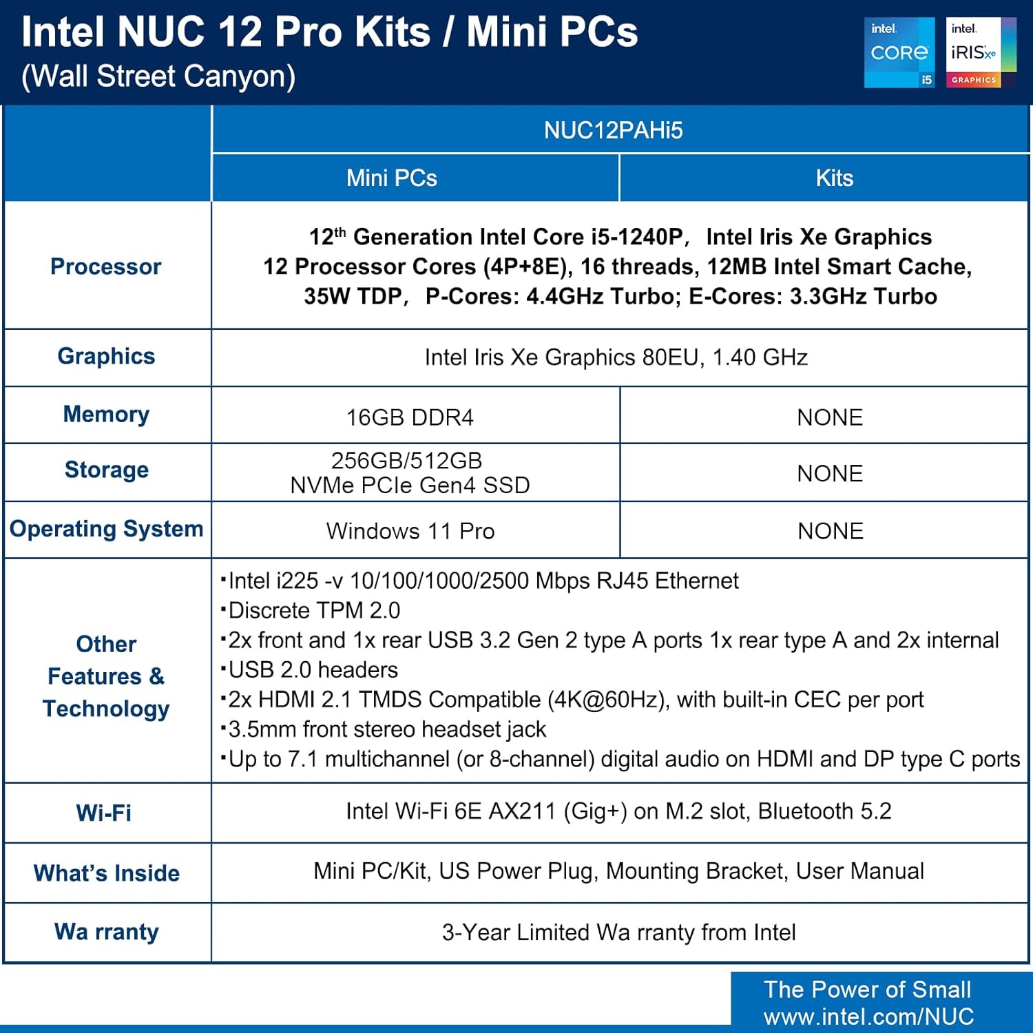 Intel NUC 12 NUC12WSHi5 Wall Street Canyon Mini Computer 12th Gen Intel Core i5-1240P, 12 Cores(4P+8E), 16 Threads, 12MB Intel Smart Cache, Intel Iris Xe Graphics,16GB RAM,512GB PCIe SSD, Win 11 Pro