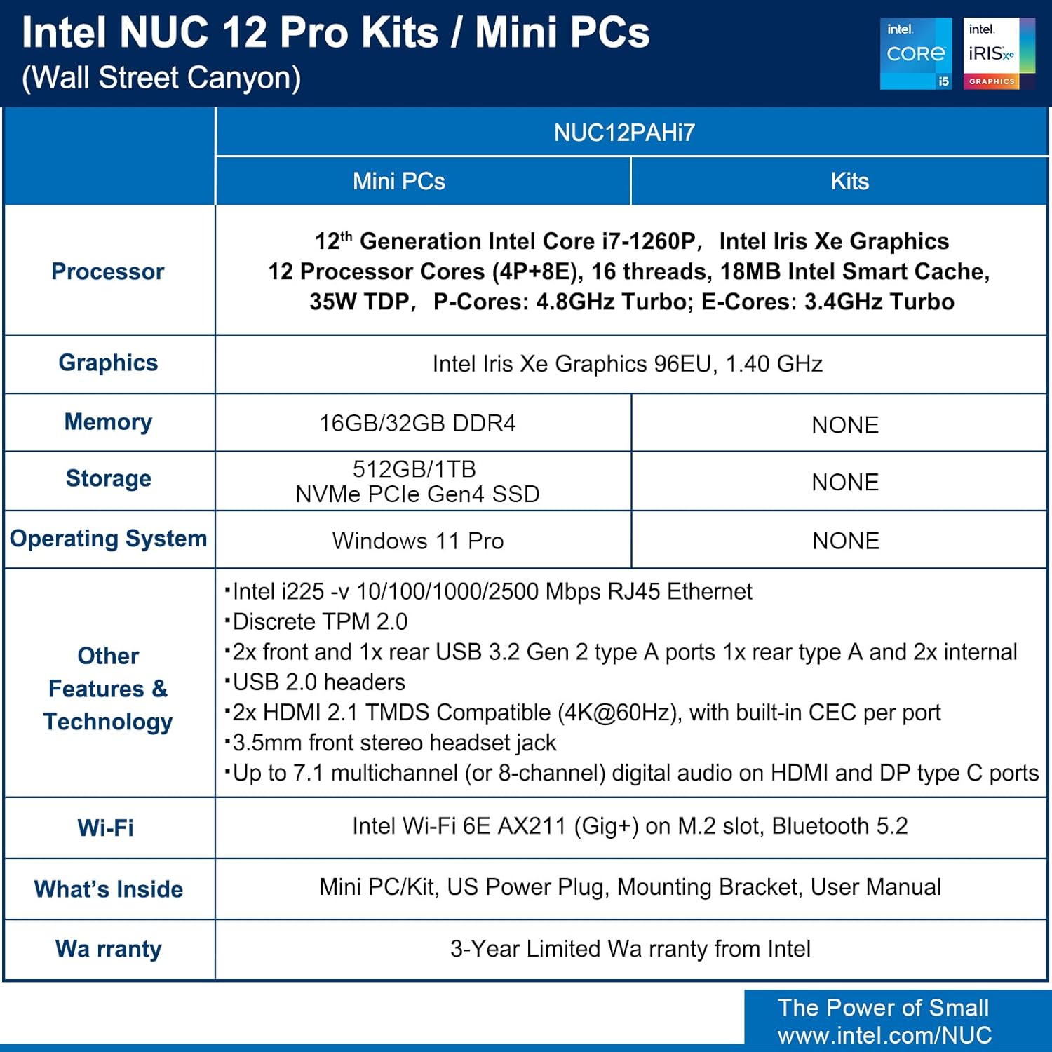 Intel NUC 12 NUC12WSHi7 Wall Street Canyon Mini Computer 12th Gen Intel Core i7-1260P, 12 Cores(4P+8E), 16 Threads, 18MB Intel Smart Cache, Intel Iris Xe Graphics,16GB RAM, 512GB PCIe SSD, Win 11 Pro