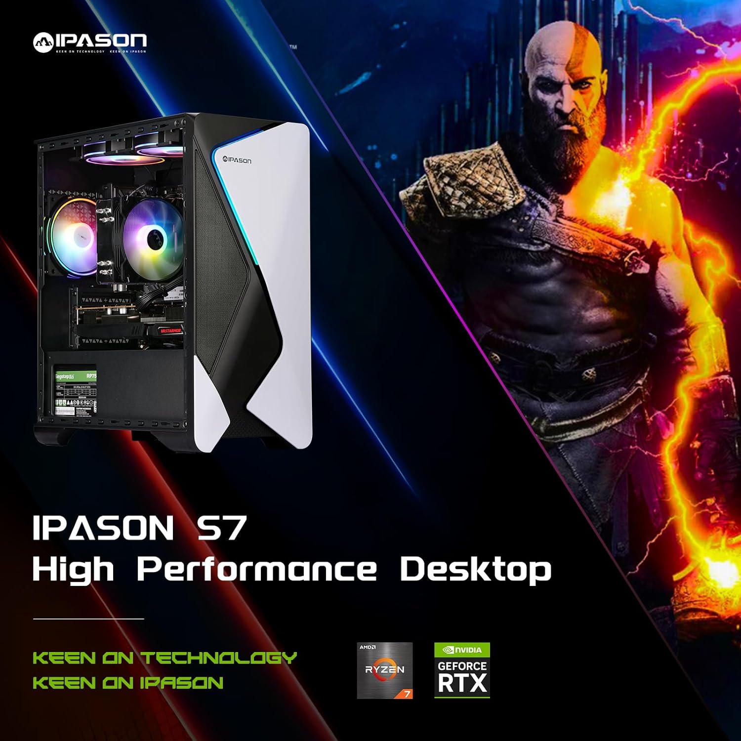 IPASON S7 Gaming PC Desktop – AMD Ryzen7 5700X 3.8GHz, NVIDIA RTX 4060 Ti, 1TB SSD, 16GB DDR4 RAM 3200, 650W PSU, Bluetooth, Wi-Fi 6, Windows 11 Home
