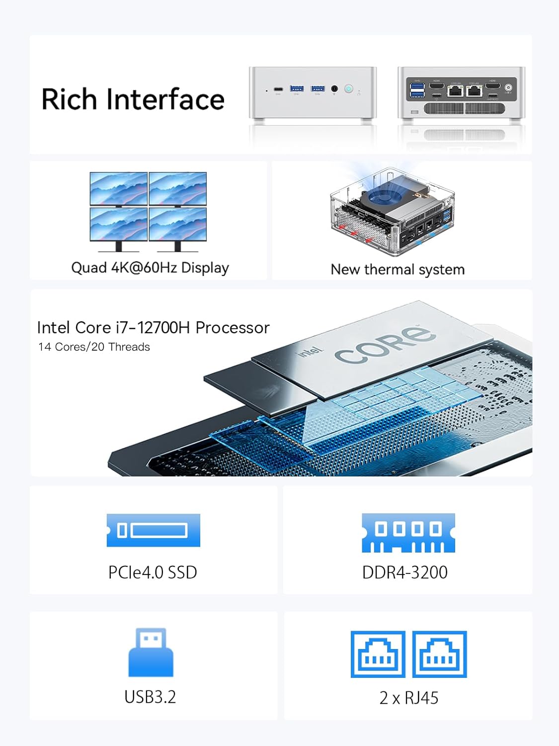 MINISFORUM Venus Series NAB7 Mini PC, 12th Gen Core i7-12700H Small Computer Barebone Version, 2X HDMI(4K)+2X USB4(8K) Output, 2X 2.5G RJ45 Port, 4X USB3.2 Small Form Factor