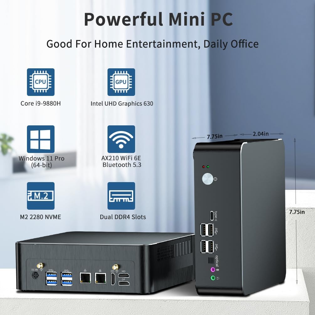 msecore Mini PC with Core i9-9880H, 64GB RAM, 2T SSD Desktop Computer, 4K@60Hz, 2*HDMI, 1*DP, Triple Display, Dual 2.5G LAN, VESA, Optical, USB-C, Wi-Fi 6E, Bluetooth 5.3, Windows 11 Pro