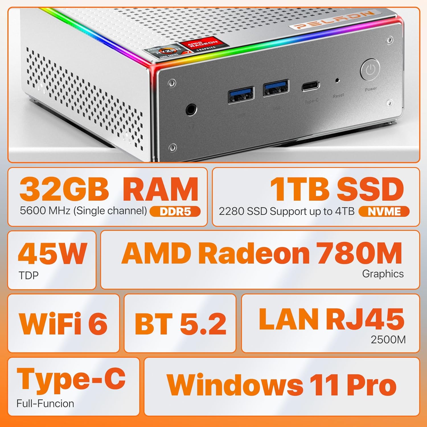 PELADN HA-4 Gaming Mini PC, AMD Ryzen 7 7735HS (8C/16T, Up to 4.75GHz) Radeon 680M Win11 Pro, 32GB DDR5 4800Mhz RAM,1TB SSD, 4K HD, BT5.2, Dual HDMI, WiFi6 2.4G/5G, Business Small Desktop PC RGB light