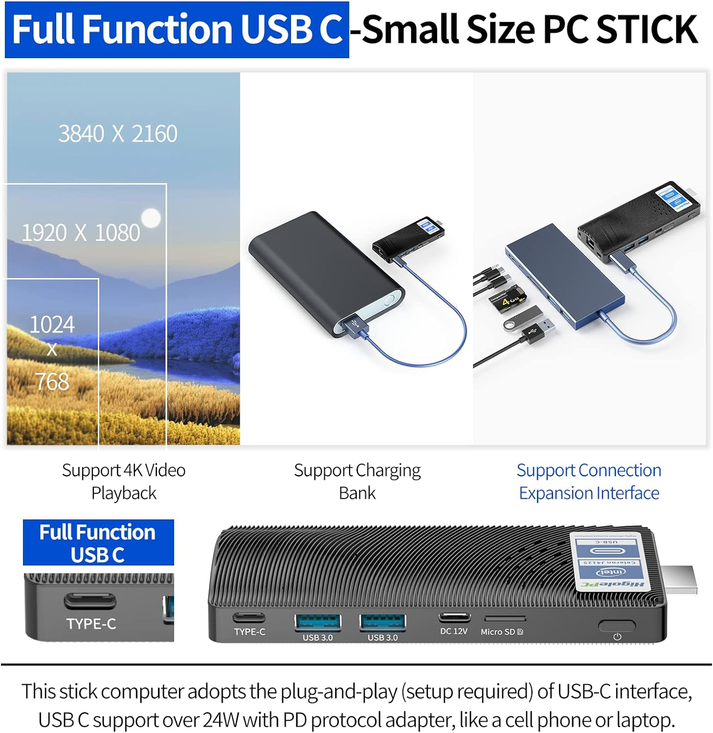 HIGOLEPC Mini PC Windows 11 Pro Intel Celeron N4000 4GB/64GB,Micro Computer Stick PC USB PD3.0 and HDMI 4K Gigabit Ethernet,WiFi 5.0,BT 4.2, Mini Computer on Business Office Media Home