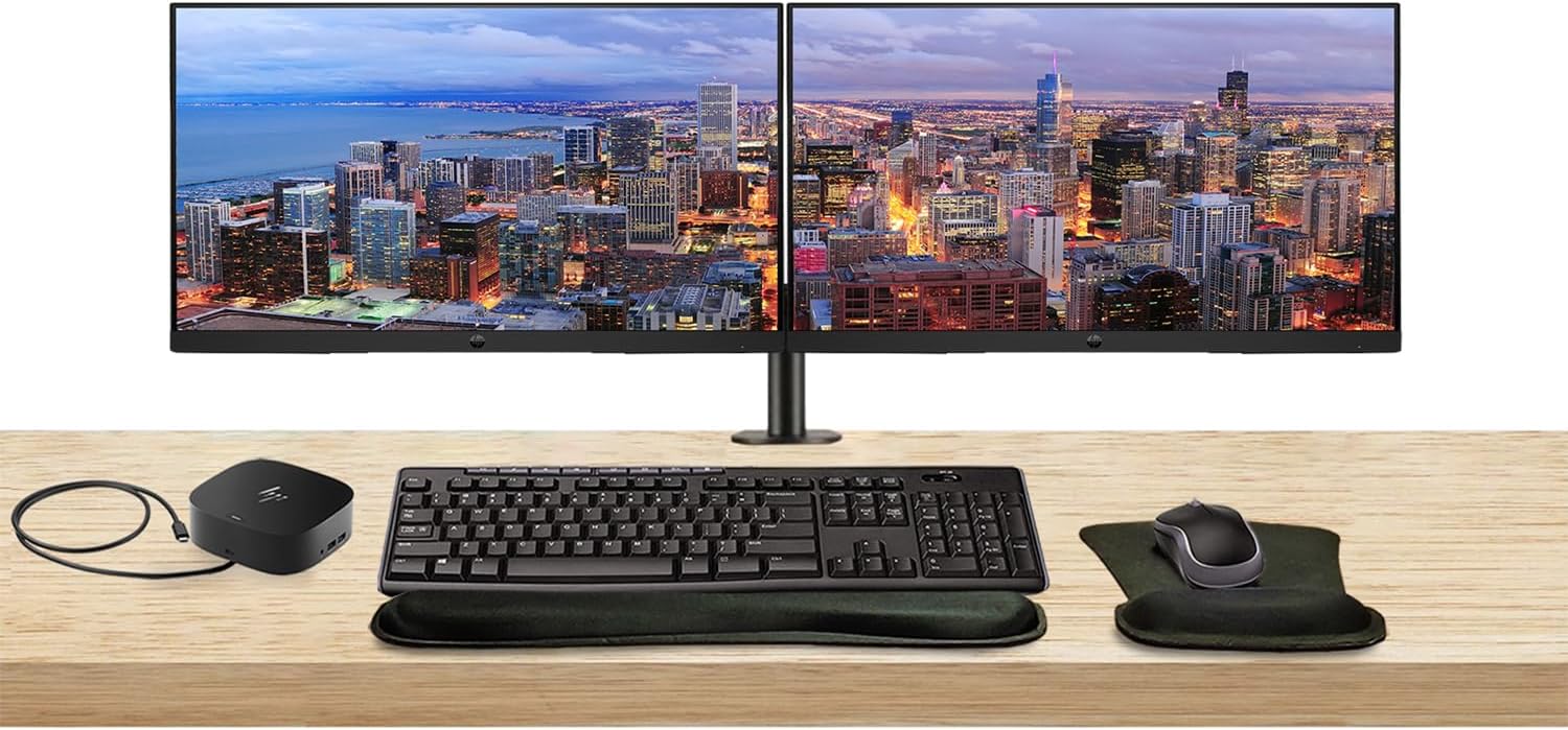 HP P32u G5 32-inch 2560 x 1440 QHD Edge LED LCD Monitor, 2-Pack Bundle with Built-in Speakers, HDMI, DisplayPort, Dual Monitor Stand, USB-C Dock, MK270 Wireless Keyboard  Mouse, Gel Mouse  Wrist Pad
