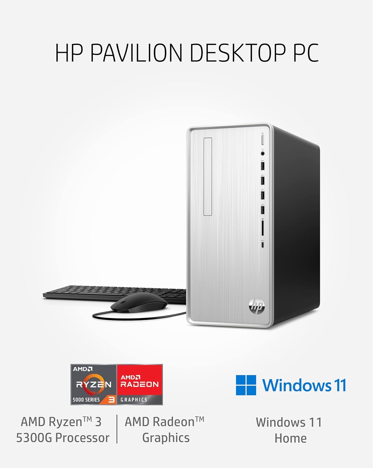 HP Pavilion Desktop PC, AMD Ryzen 3 5300G, 4 GB RAM, 256 GB SSD, Windows 11 Home, Wi-Fi 5  Bluetooth, 9 USB Ports, Wired Mouse and Keyboard Combo, Pre-Built Tower (TP01-2032, 2021) (Renewed)