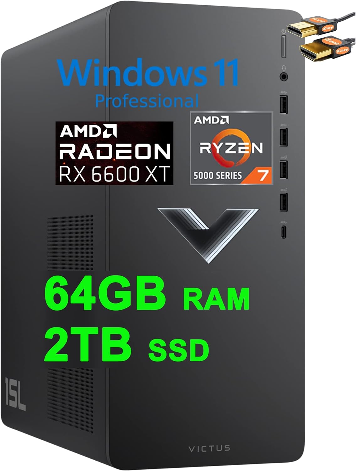 HP Victus 15L Gaming Desktop Computer AMD Octa-Core Ryzen 7 5700G Processor (Beats i7-10700) 64GB RAM 2TB SSD AMD Radeon RX 6600XT 8GB Graphic (NVIDIA RTX 3060) USB-C DiplayPort Win11Pro + HDMI Cable