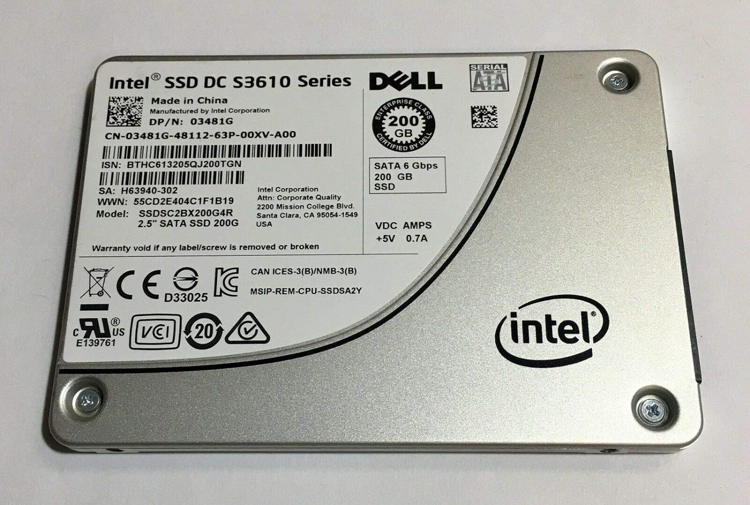 Intel 200GB SSD 2.5 6Gb/s SATA Solid State Drive Model: SSDSC2BX200G4R DP/N: 3481G