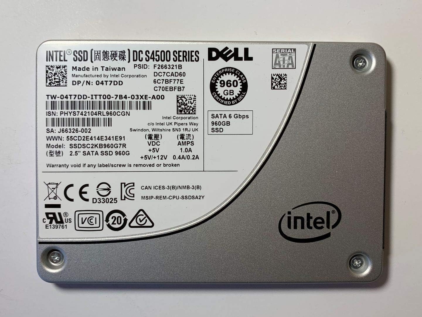 Intel 960GB SSD 2.5 6Gb/s SATA Solid State Drive Model: SSDSC2KB960G7R DP/N: 4T7DD