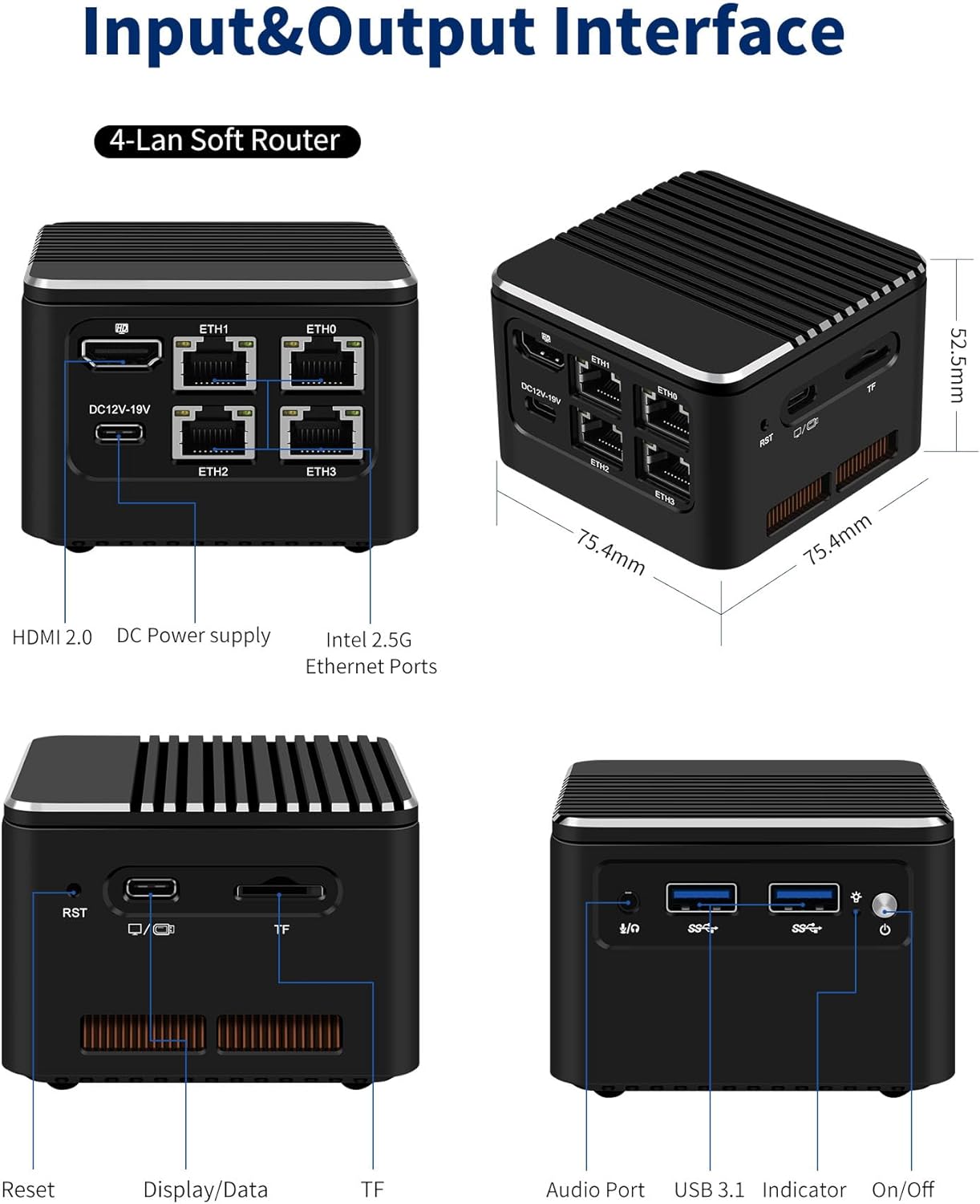 MR-M1 Plus Mini PC Computer Intel i3-N305, 8C/8T, 16G RAM NO SSD, 4K Display 4 LAN I226 2.5GbE/USB3.0/Type-C/HDMI,Linux/Ubuntu PC