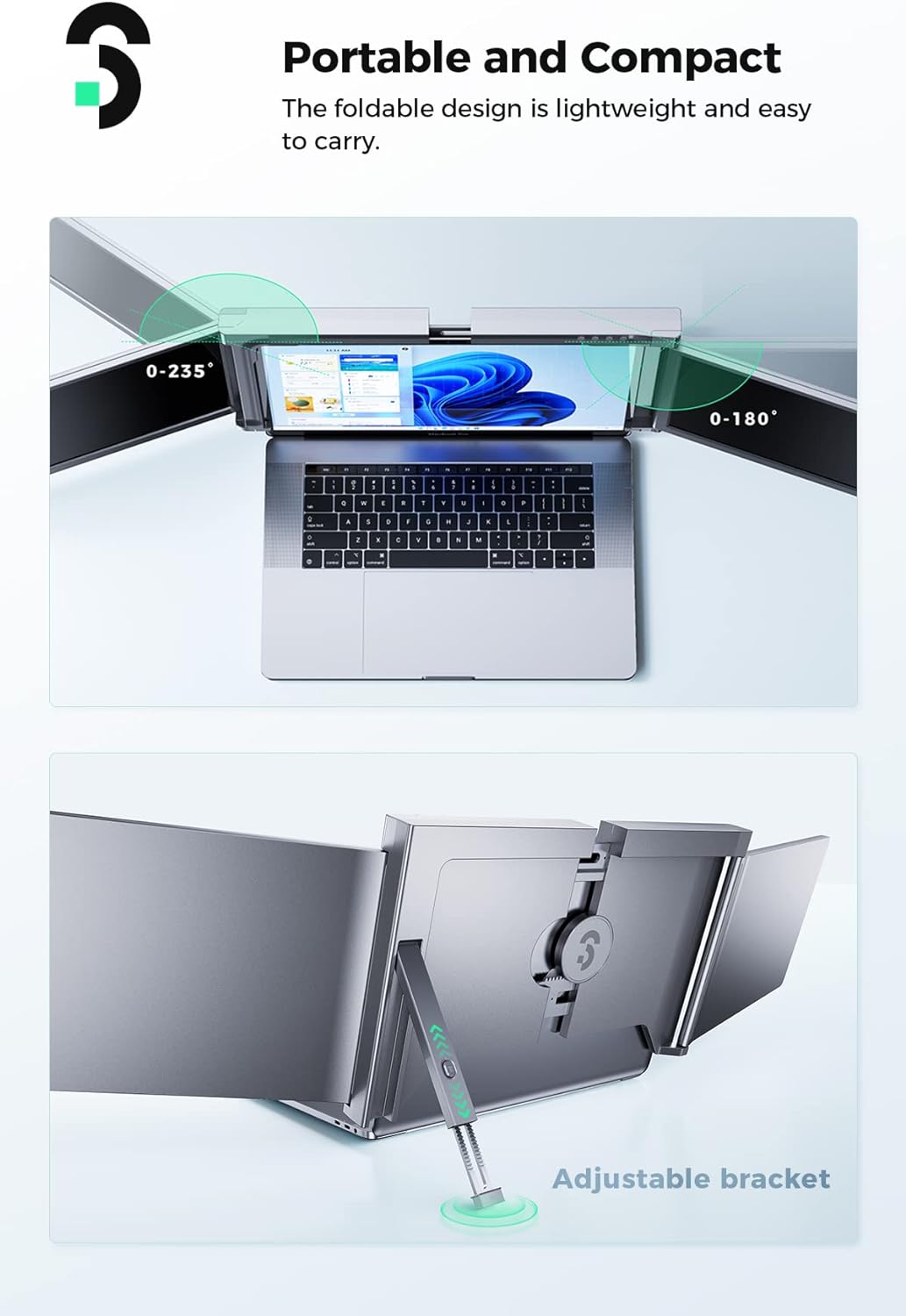 SOOMFON 14 Inch Laptop Screen Extender 1080P Full HD, Triple Portable Monitor for Dual Monitor Display, One Type-C Cable Connect, for 15-17 Laptop, Support Windows, M1/M2 System