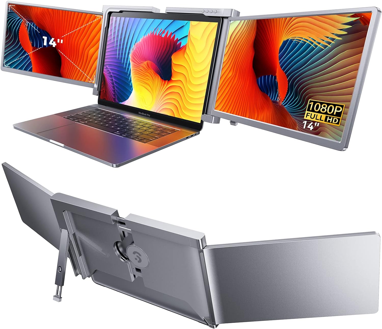 SOOMFON 14 Inch Laptop Screen Extender 1080P Full HD, Triple Portable Monitor for Dual Monitor Display, One Type-C Cable Connect, for 15-17 Laptop, Support Windows, M1/M2 System