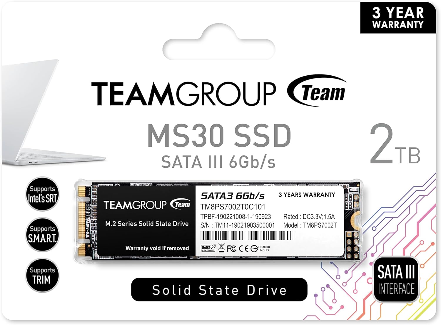 TEAMGROUP MS30 2TB with SLC Cache 3D NAND TLC M.2 2280 SATA III 6Gb/s Internal Solid State Drive SSD (Read/Write Speed up to 550/500 MB/s) Compatible with Laptop  PC Desktop TM8PS7002T0C101