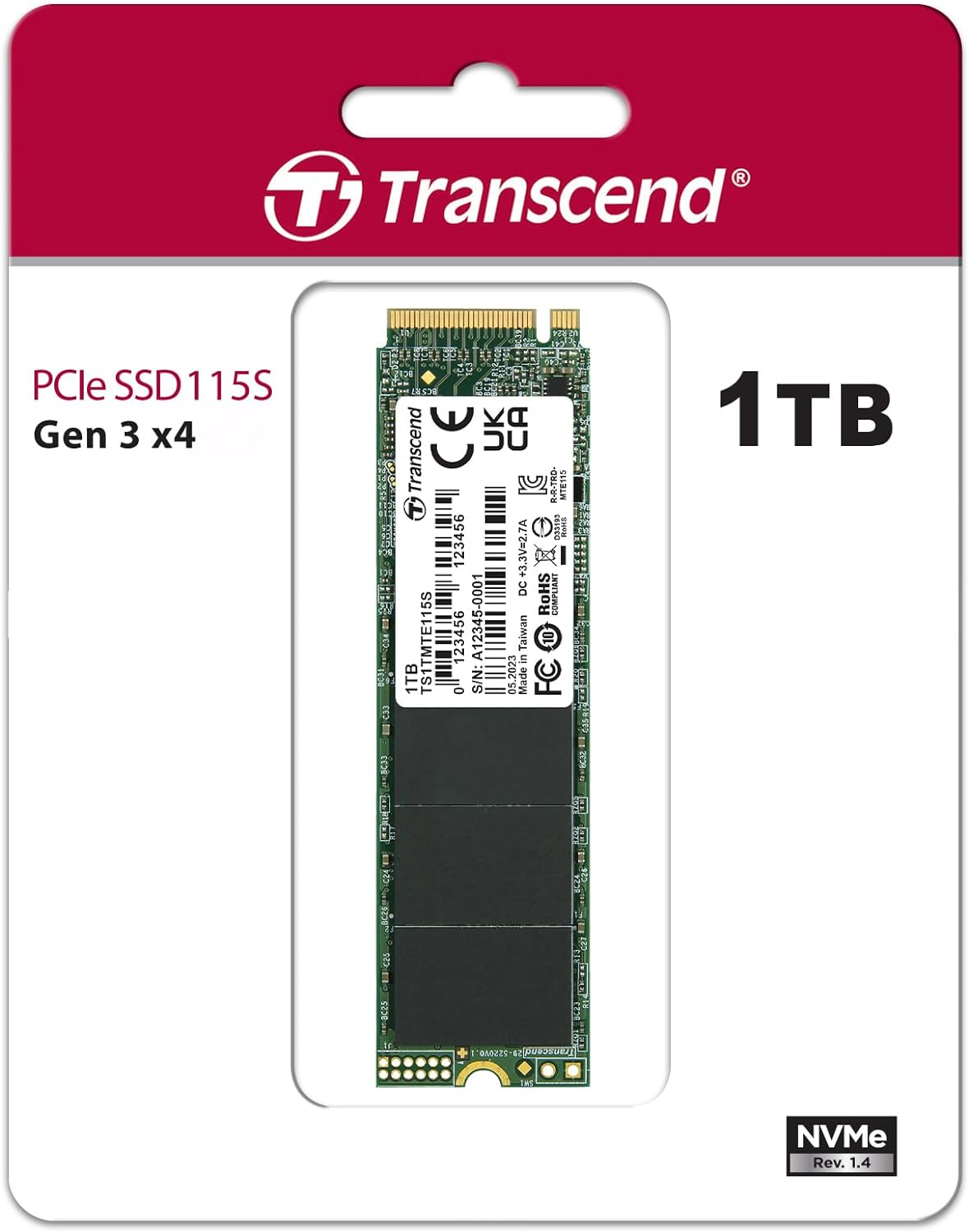 Transcend 1TB MTE115S NVMe Internal SSD - Gen3 x4 PCIe M.2 2280, Up to 3,200MB/s - TS1TMTE115S