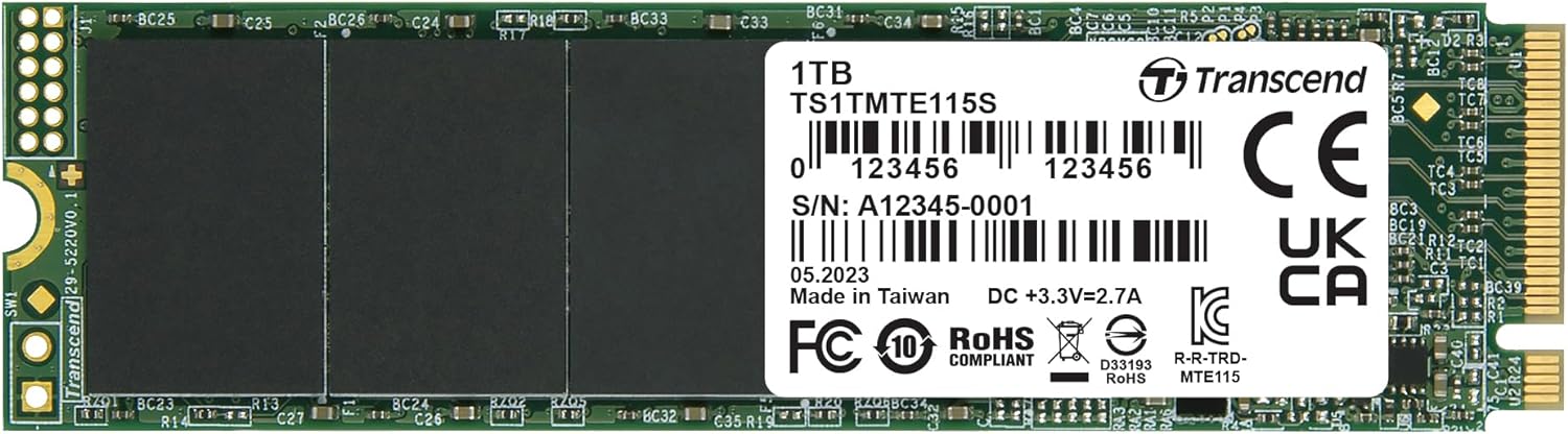 Transcend 1TB MTE115S NVMe Internal SSD - Gen3 x4 PCIe M.2 2280, Up to 3,200MB/s - TS1TMTE115S
