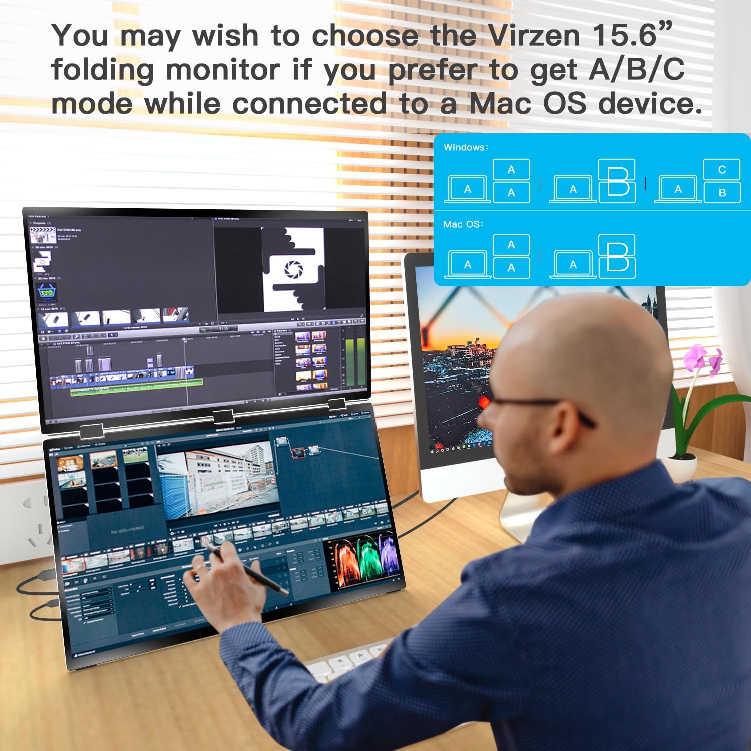 Virzen Triple Screen Extender 120hz 18.5” Portable FHD 1080P Monitor Folding Stacked Travel Monitor Automatic Rotation for Windows Mac OS Kickstand VESA Mountable (VE01)