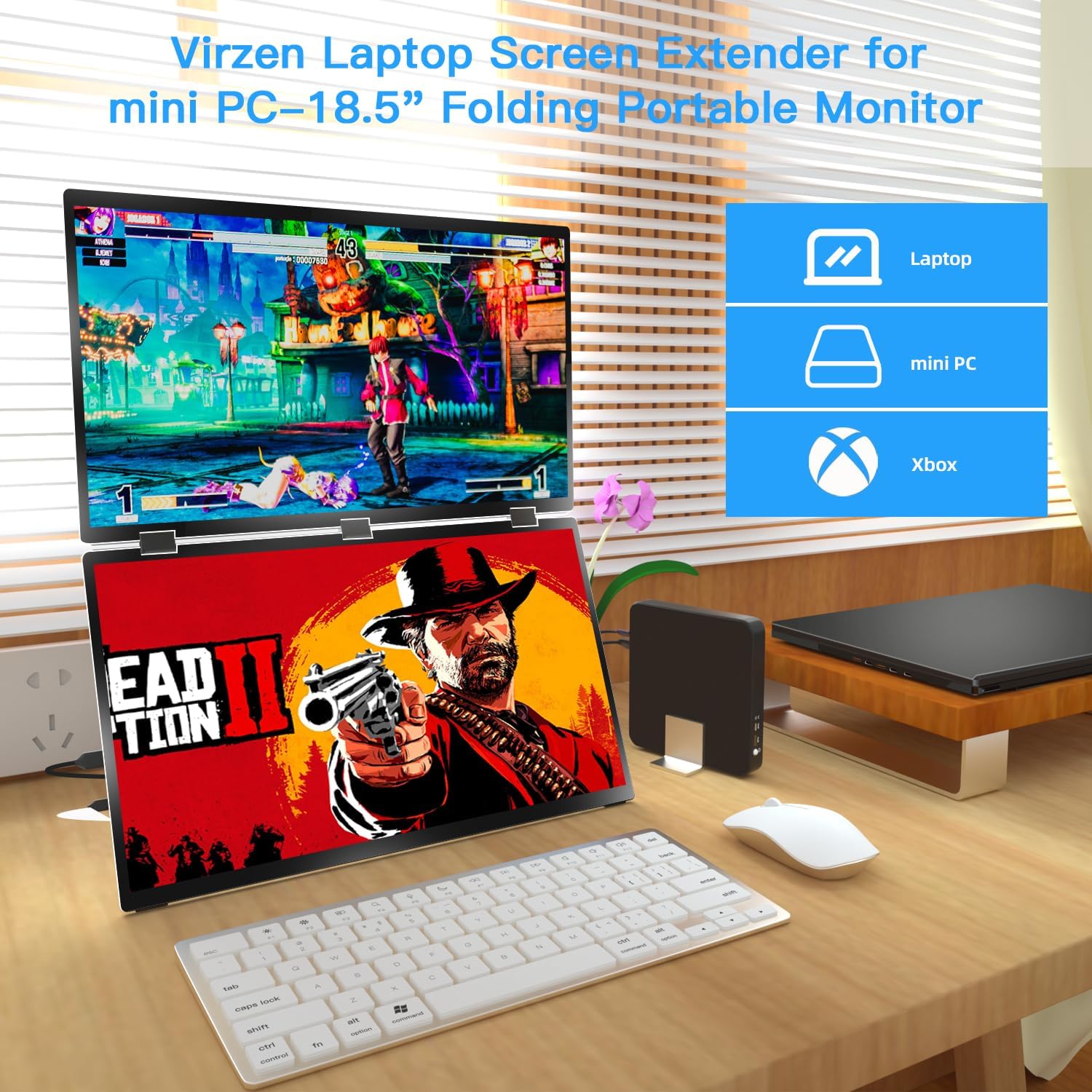 Virzen Triple Screen Extender 120hz 18.5” Portable FHD 1080P Monitor Folding Stacked Travel Monitor Automatic Rotation for Windows Mac OS Kickstand VESA Mountable (VE01)