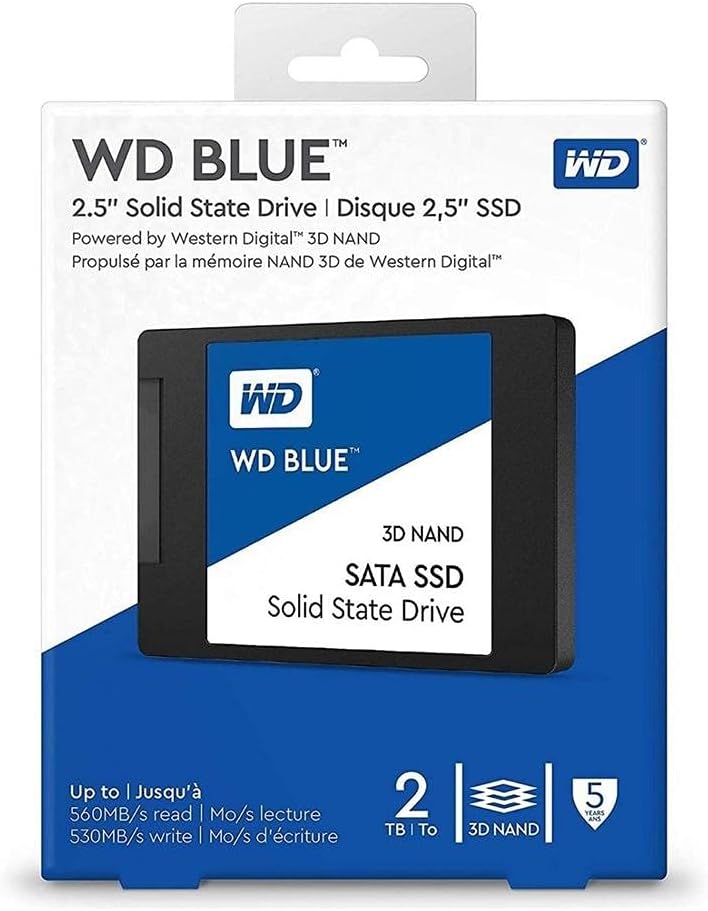 Western Digital 2TB WD Blue 3D NAND Internal PC SSD - SATA III 6 Gb/s, 2.5/7mm, Up to 560 MB/s - WDS200T2B0A, Solid State Hard Drive
